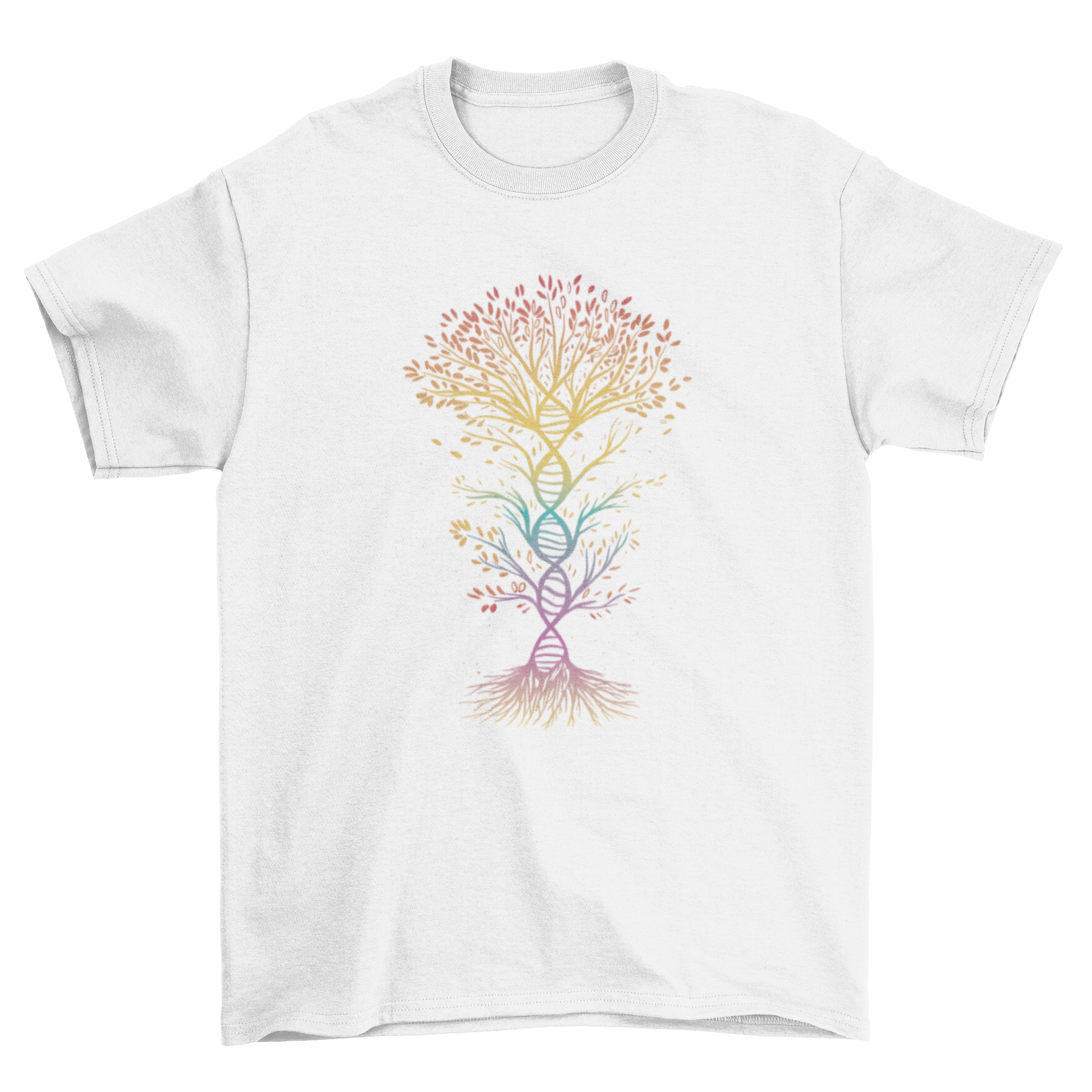 A colorful t-shirt featuring a vibrant tree design shaped like DNA, symbolizing nature and science.