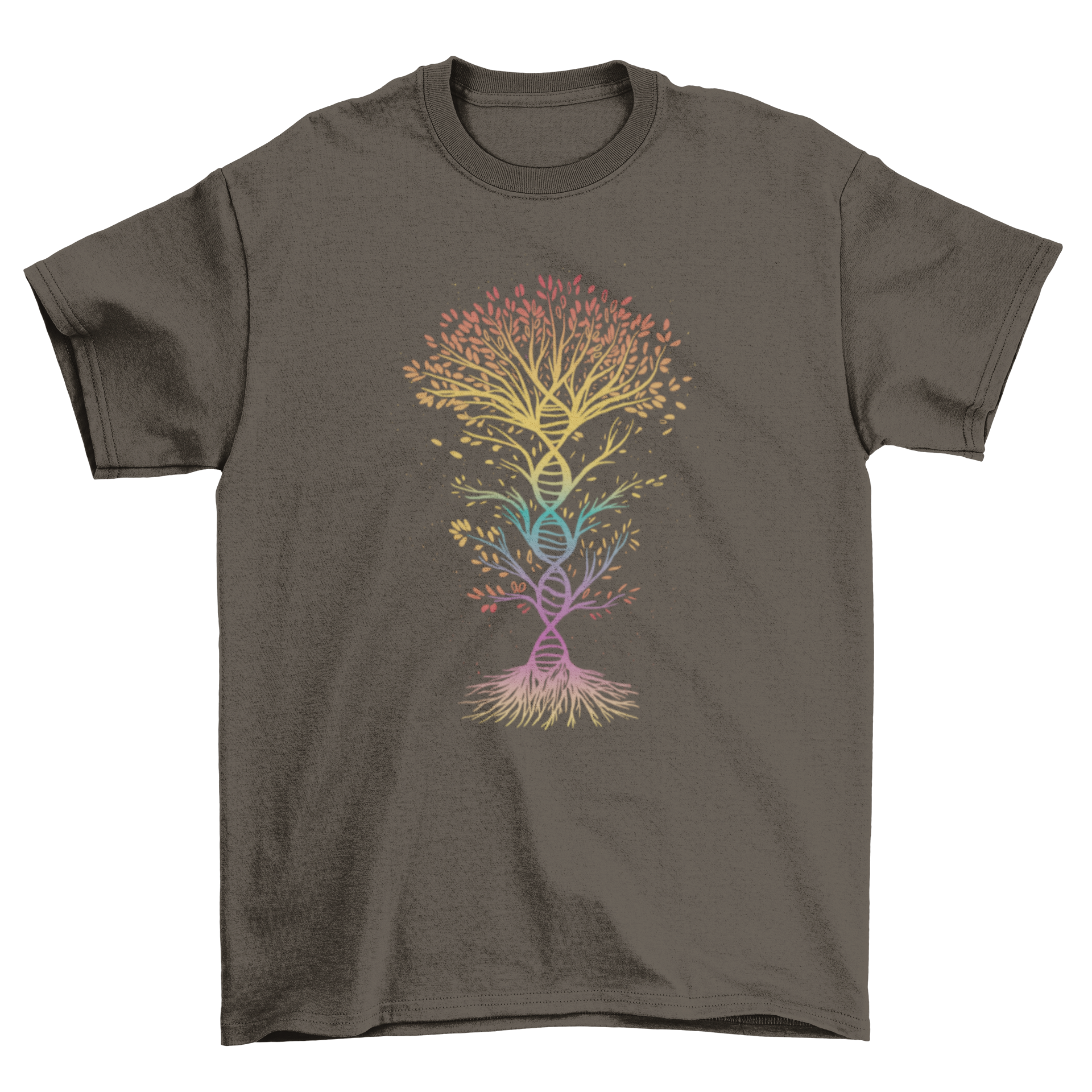 A colorful t-shirt featuring a vibrant tree design shaped like DNA, symbolizing nature and science.