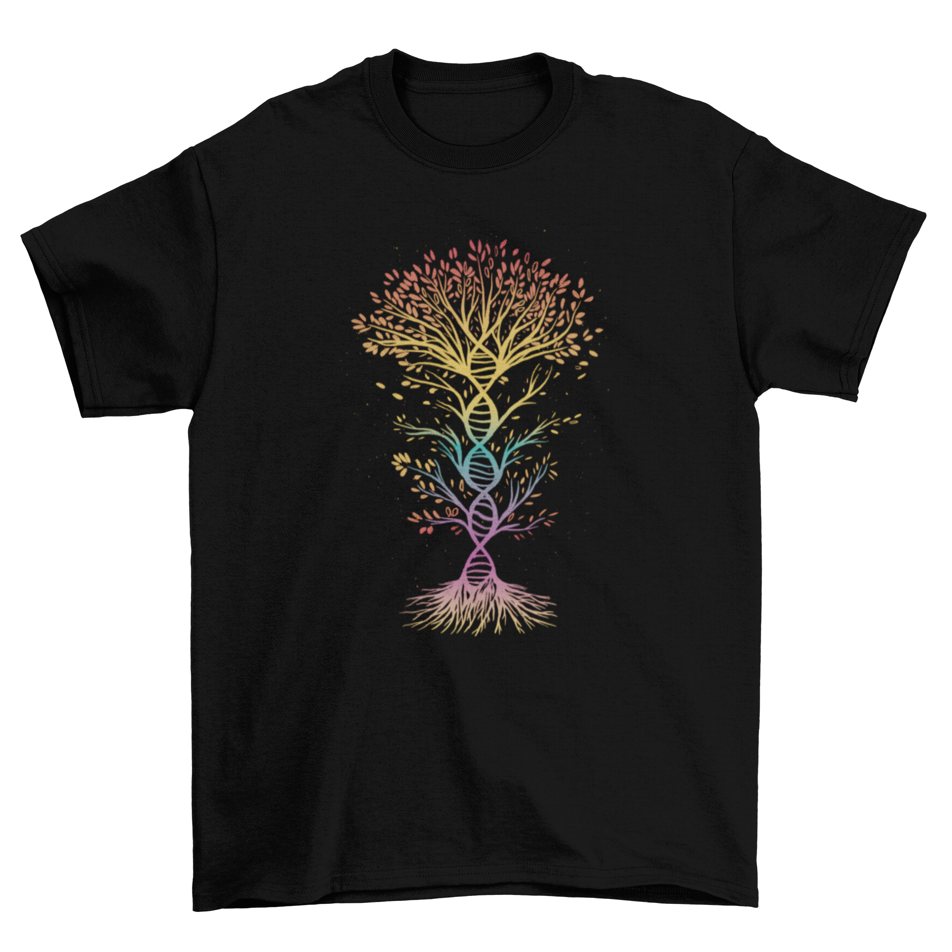 A colorful t-shirt featuring a vibrant tree design shaped like DNA, symbolizing nature and science.