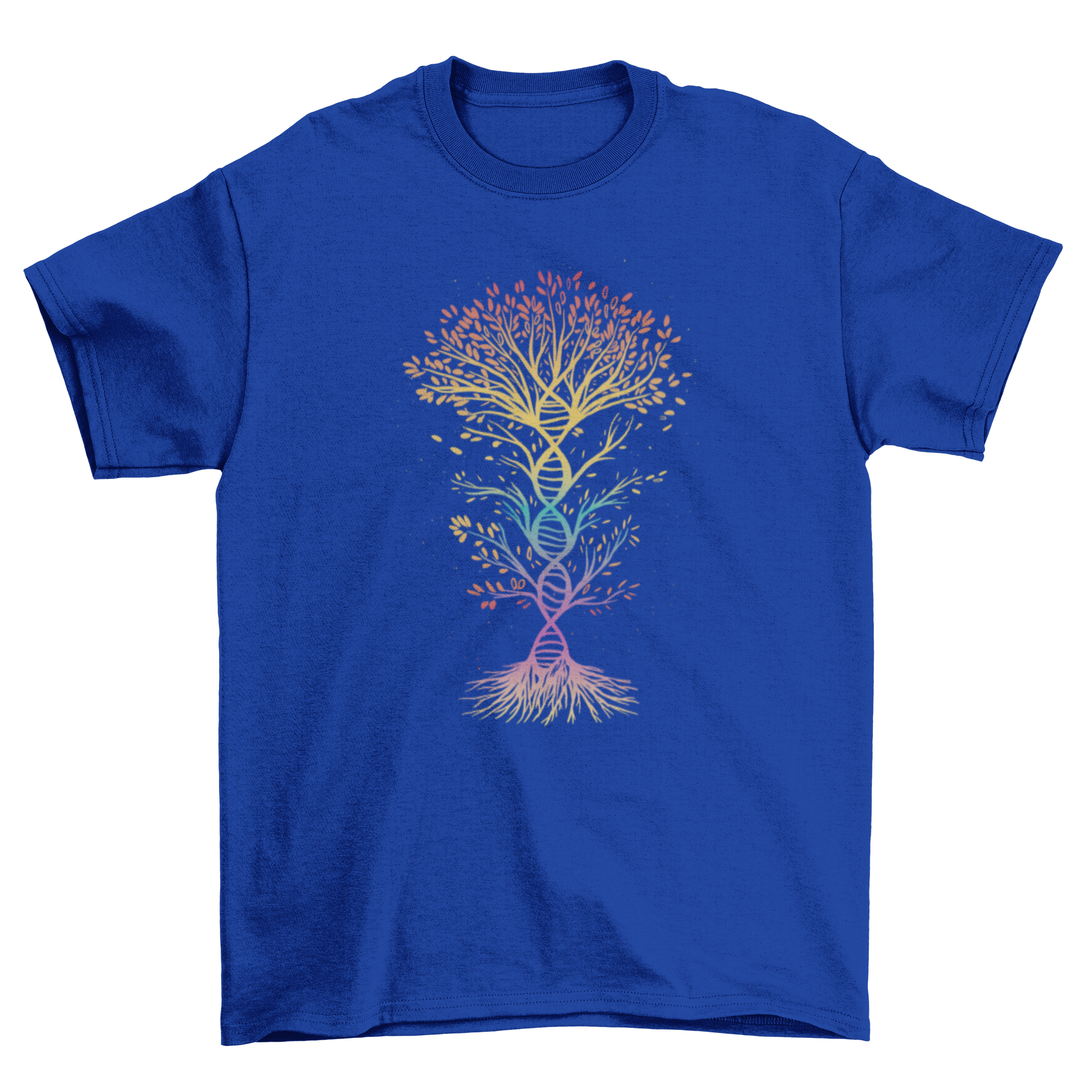 A colorful t-shirt featuring a vibrant tree design shaped like DNA, symbolizing nature and science.