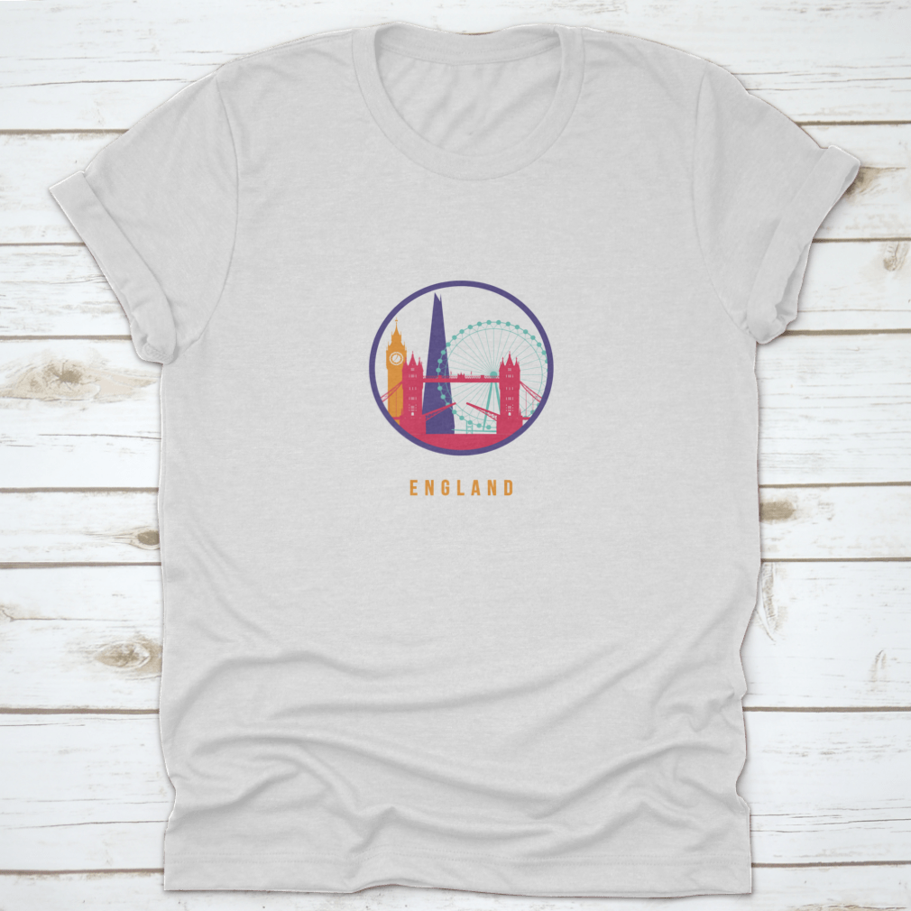 Colorful silhouette shirt featuring famous England landmarks like Big Ben and the London Eye against a vibrant skyline.