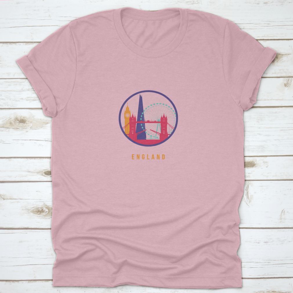 Colorful silhouette shirt featuring famous England landmarks like Big Ben and the London Eye against a vibrant skyline.