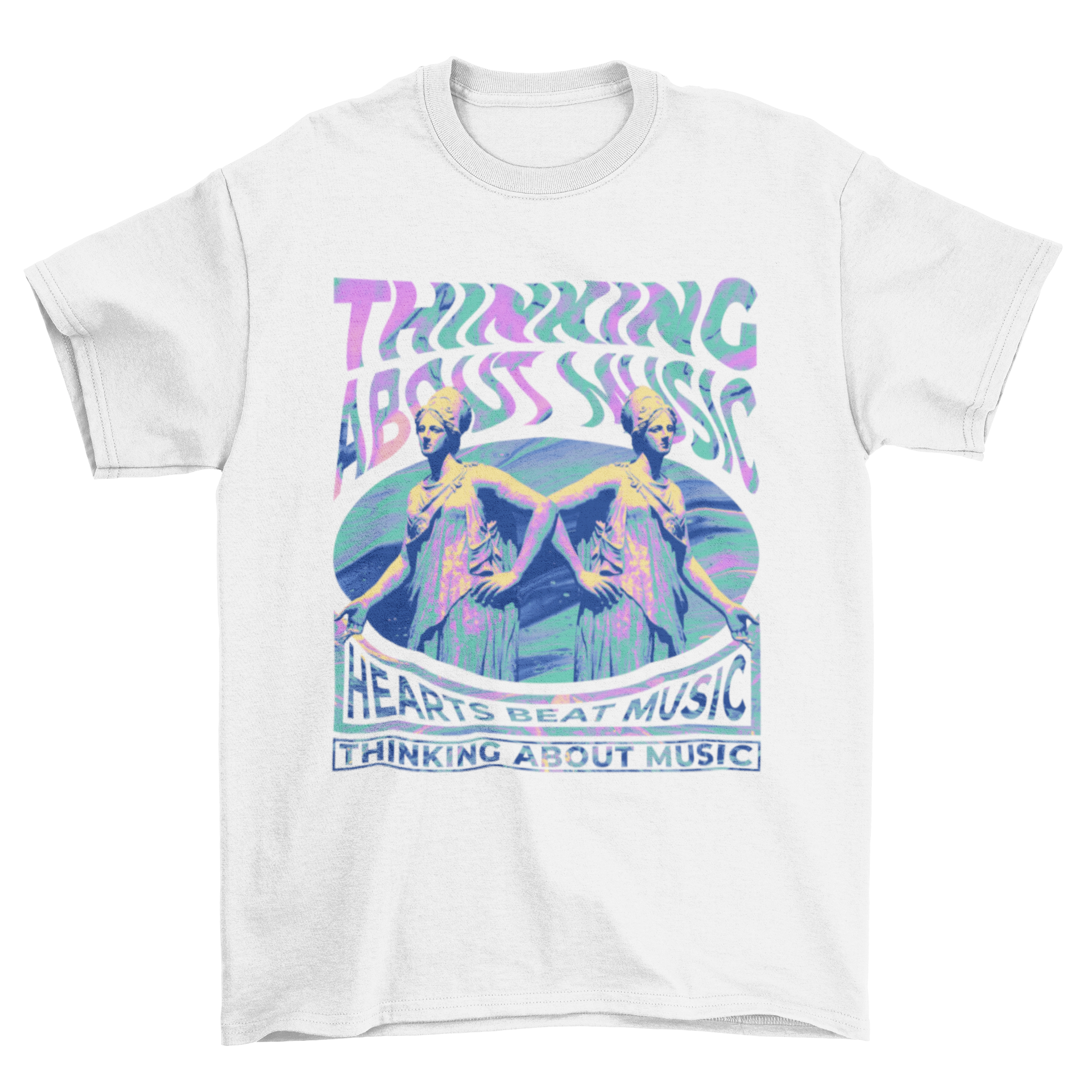 Colorful t-shirt featuring distorted statues and quotes about music, showcasing vibrant design and artistic expression.