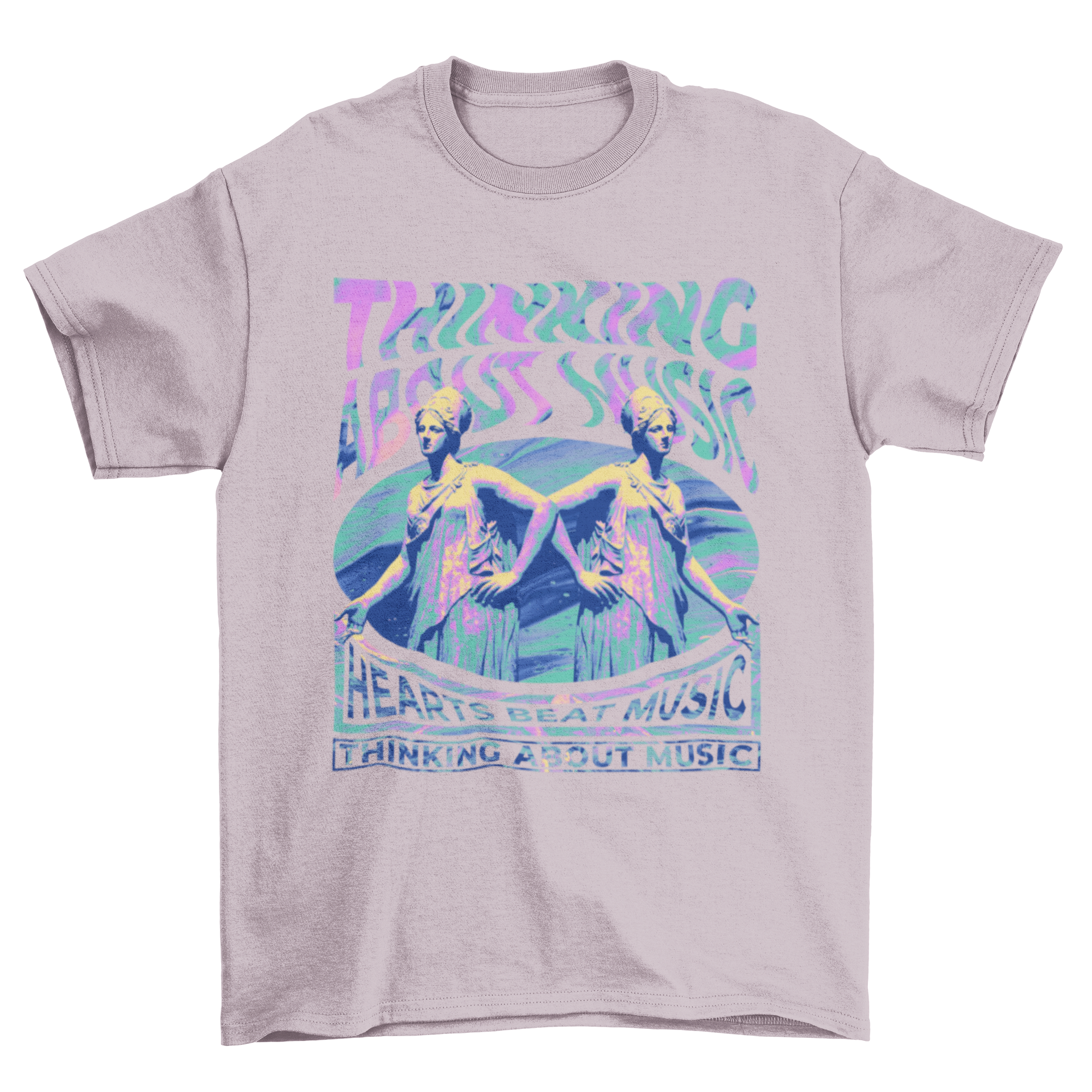 Colorful t-shirt featuring distorted statues and quotes about music, showcasing vibrant design and artistic expression.