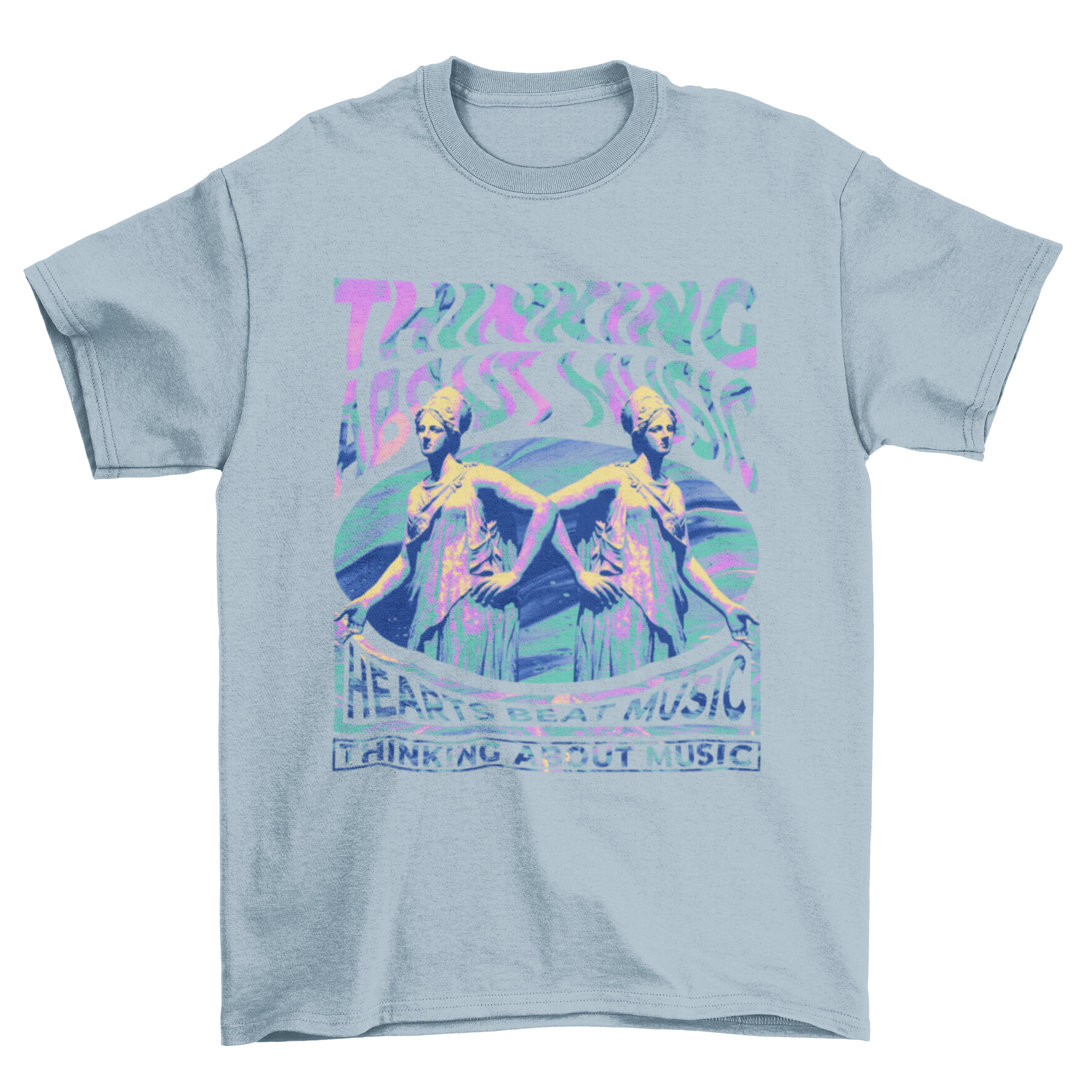 Colorful t-shirt featuring distorted statues and quotes about music, showcasing vibrant design and artistic expression.