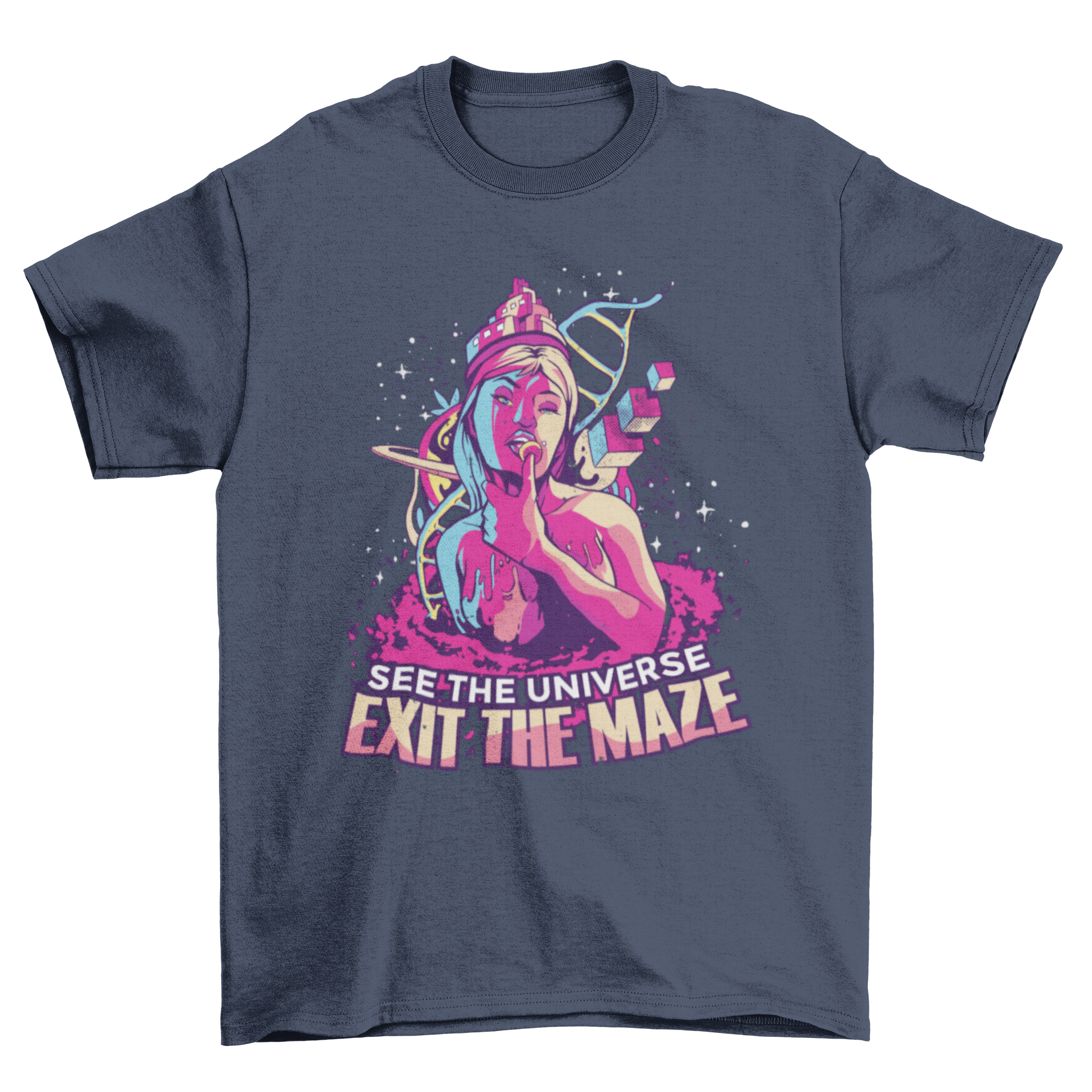 Colorful T-shirt featuring a trippy girl design with the quote 'SEE THE UNIVERSE - EXIT THE MAZE' in vibrant colors.