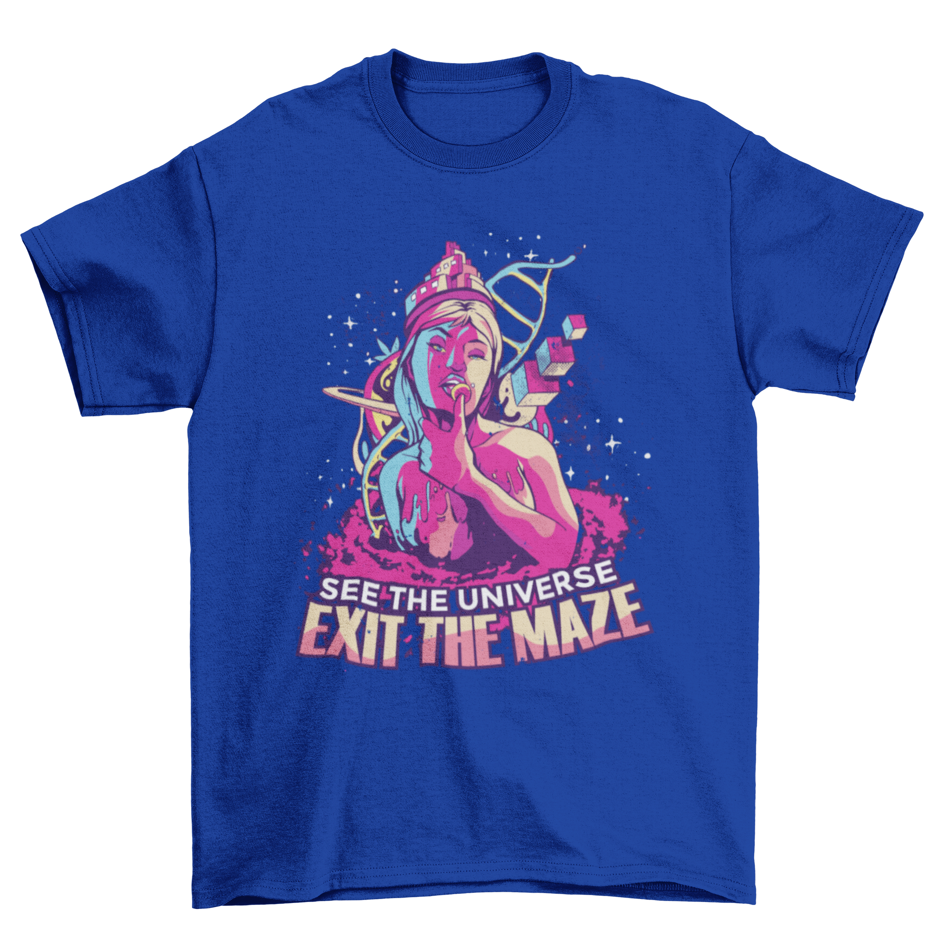 Colorful T-shirt featuring a trippy girl design with the quote 'SEE THE UNIVERSE - EXIT THE MAZE' in vibrant colors.