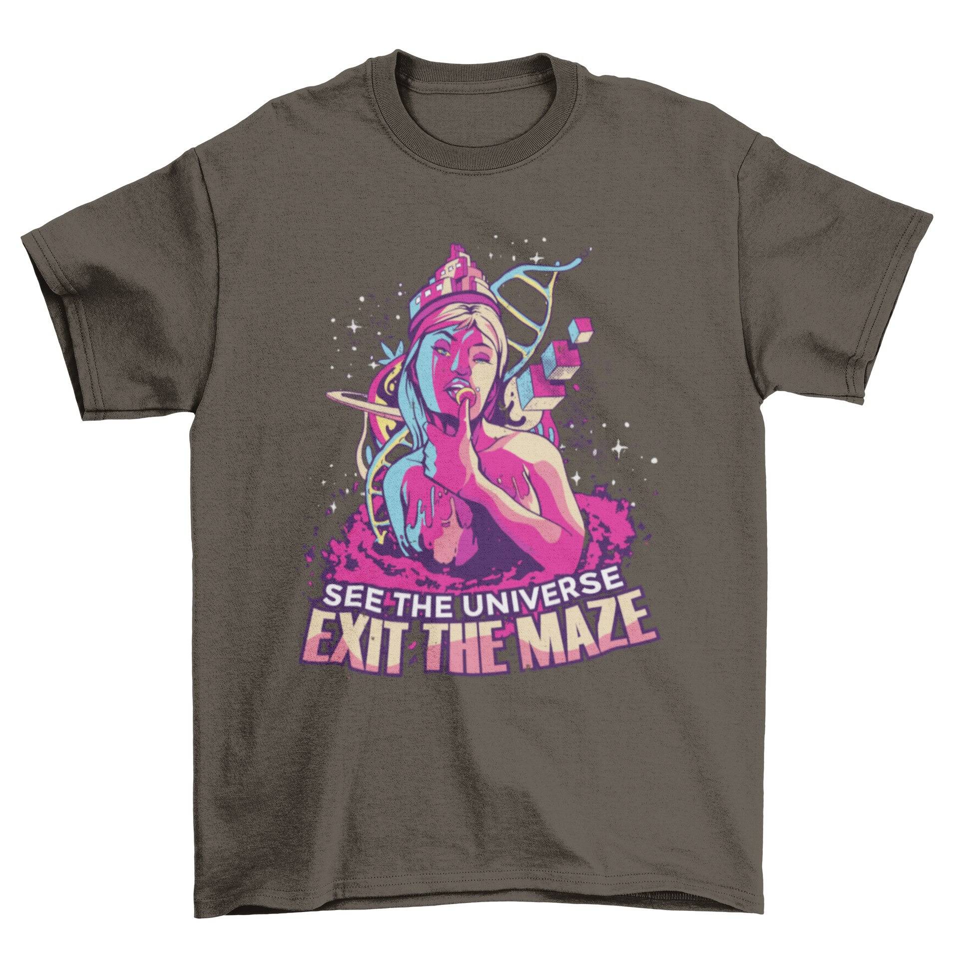 Colorful T-shirt featuring a trippy girl design with the quote 'SEE THE UNIVERSE - EXIT THE MAZE' in vibrant colors.