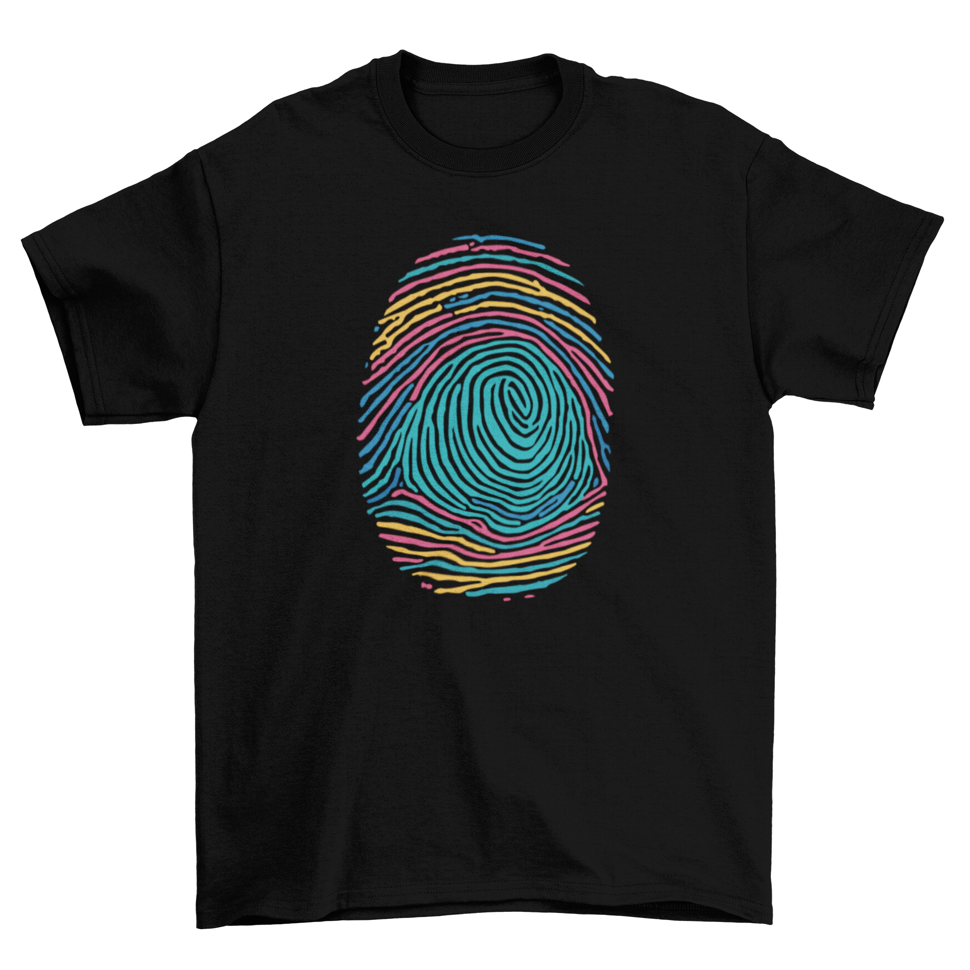 A vibrant Colorful Fingerprint T-shirt featuring a multi-colored fingerprint design on a soft fabric.