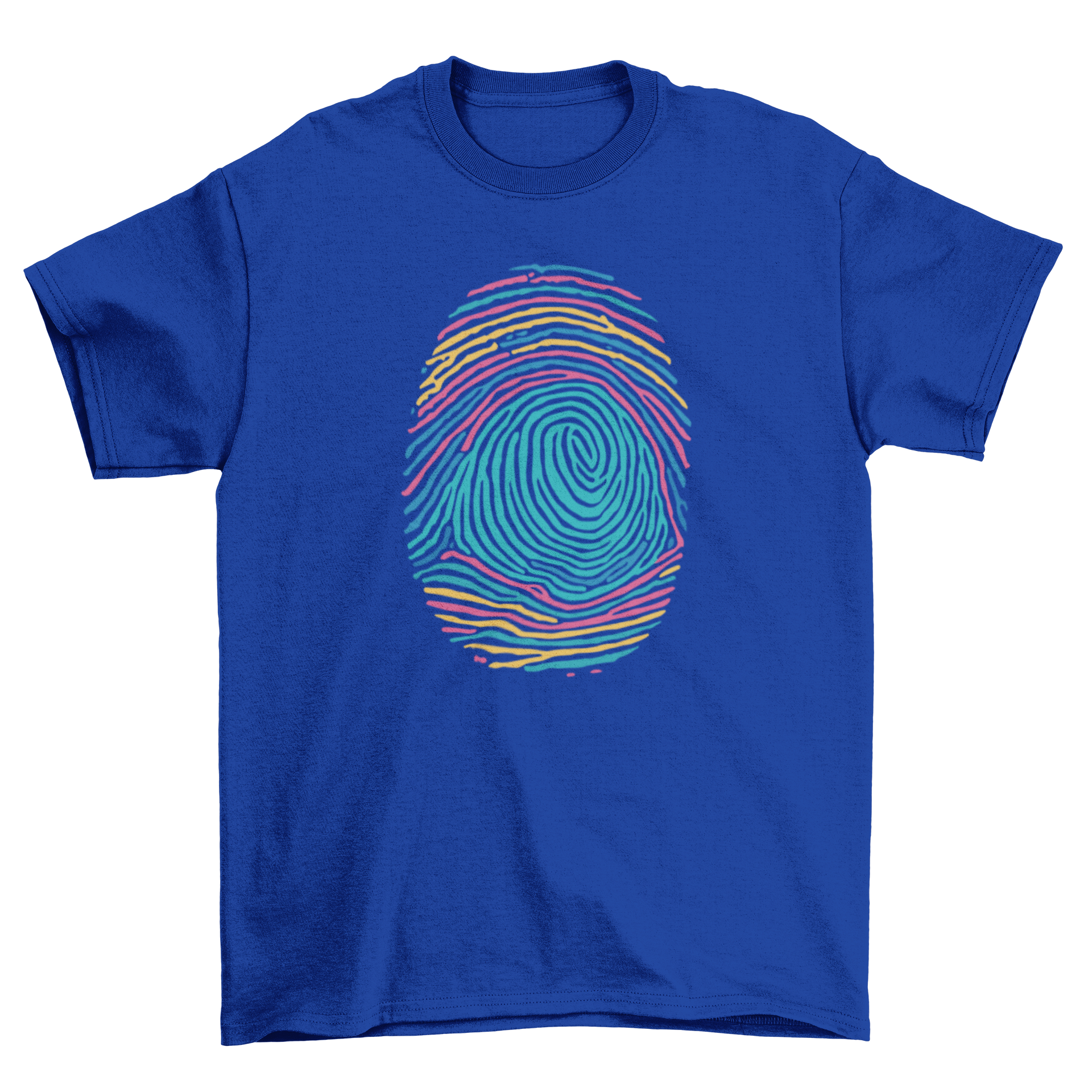 A vibrant Colorful Fingerprint T-shirt featuring a multi-colored fingerprint design on a soft fabric.