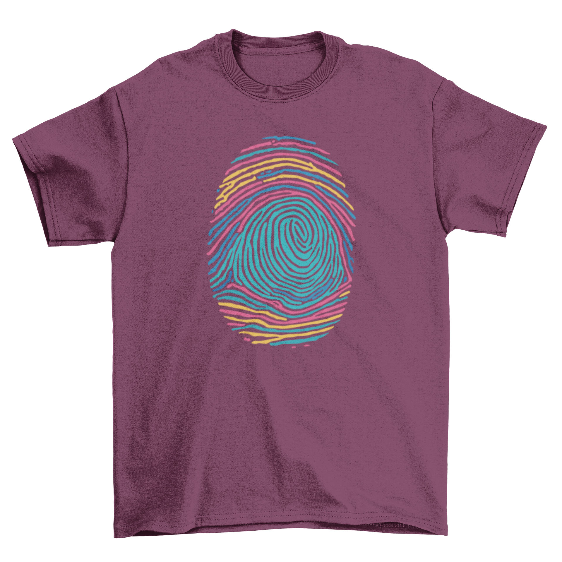 A vibrant Colorful Fingerprint T-shirt featuring a multi-colored fingerprint design on a soft fabric.