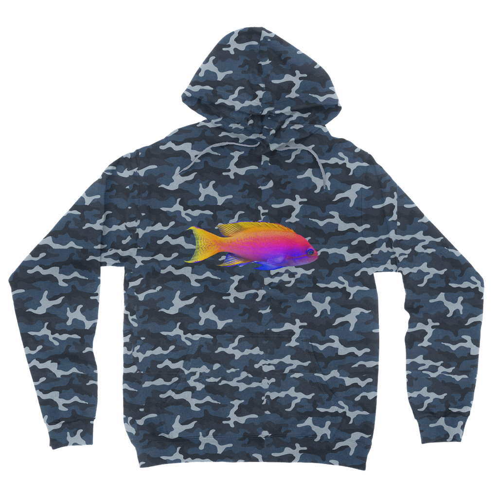 Colorful Fish Camouflage Adult Hoodie featuring a vibrant camo design, double fabric hood, and kangaroo pouch pocket.