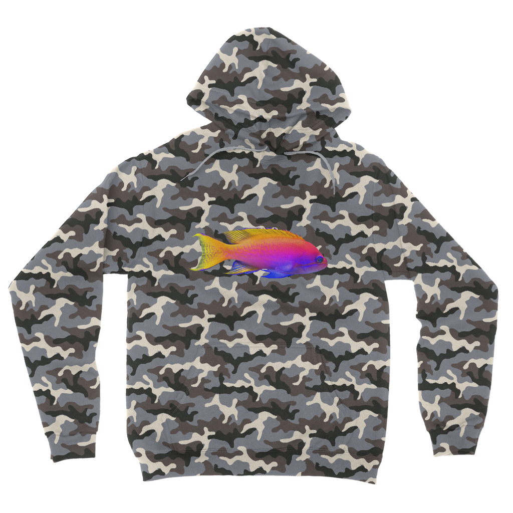 Colorful Fish Camouflage Adult Hoodie featuring a vibrant camo design, double fabric hood, and kangaroo pouch pocket.