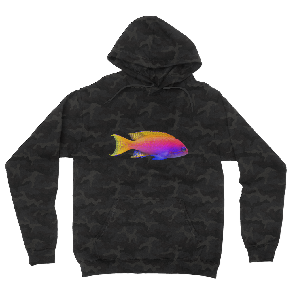 Colorful Fish Camouflage Adult Hoodie featuring a vibrant camo design, double fabric hood, and kangaroo pouch pocket.