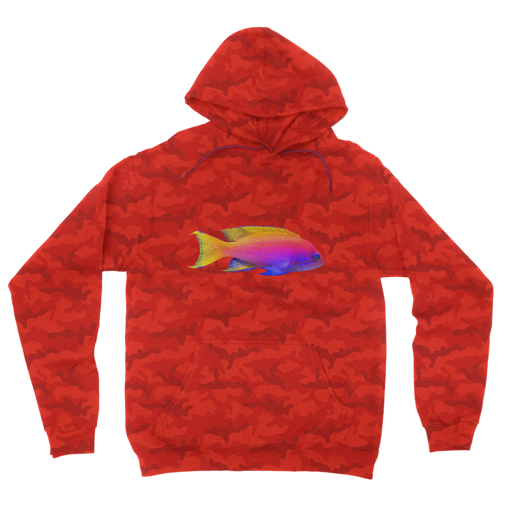 Colorful Fish Camouflage Adult Hoodie featuring a vibrant camo design, double fabric hood, and kangaroo pouch pocket.