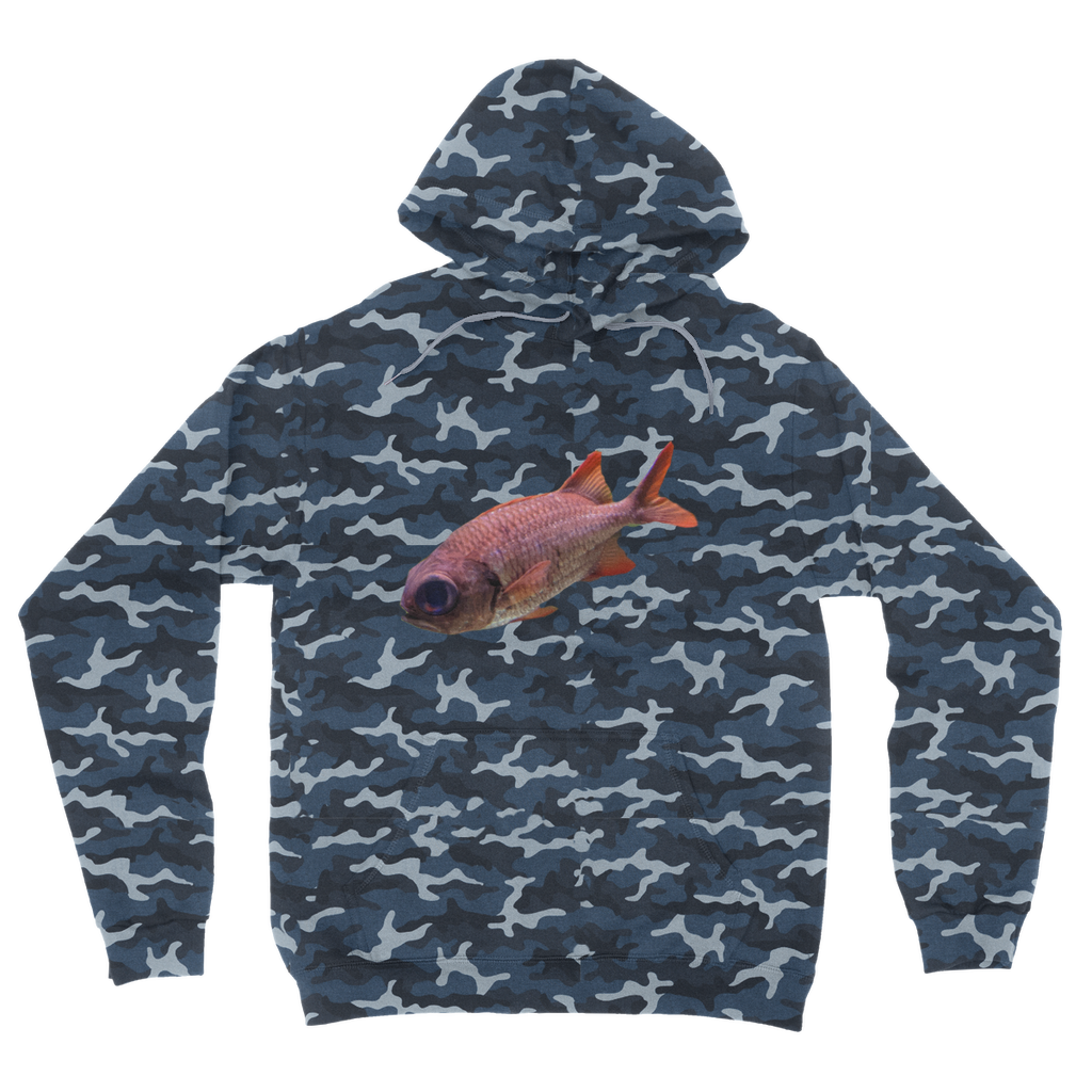 Colorful Fish Camouflage Adult Hoodie featuring vibrant camo design, kangaroo pocket, and double fabric hood.