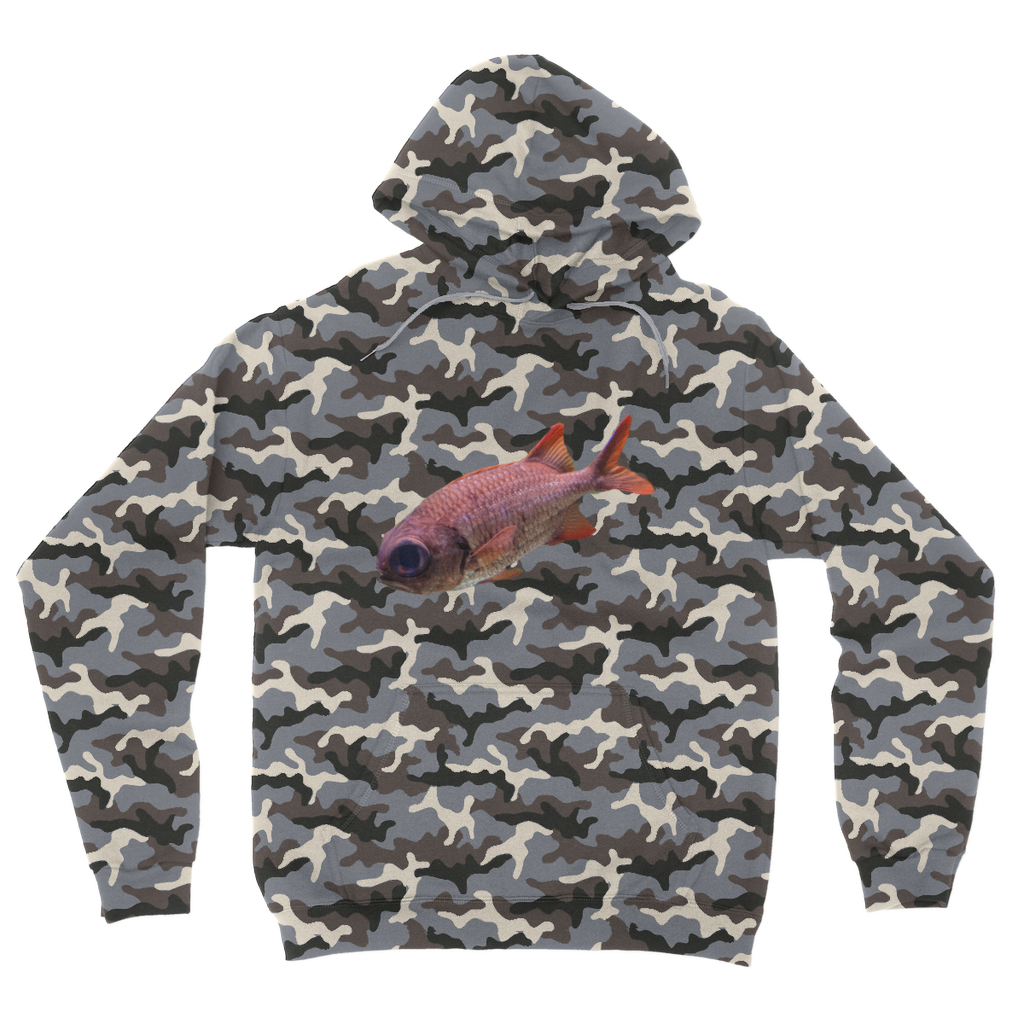 Colorful Fish Camouflage Adult Hoodie featuring vibrant camo design, kangaroo pocket, and double fabric hood.