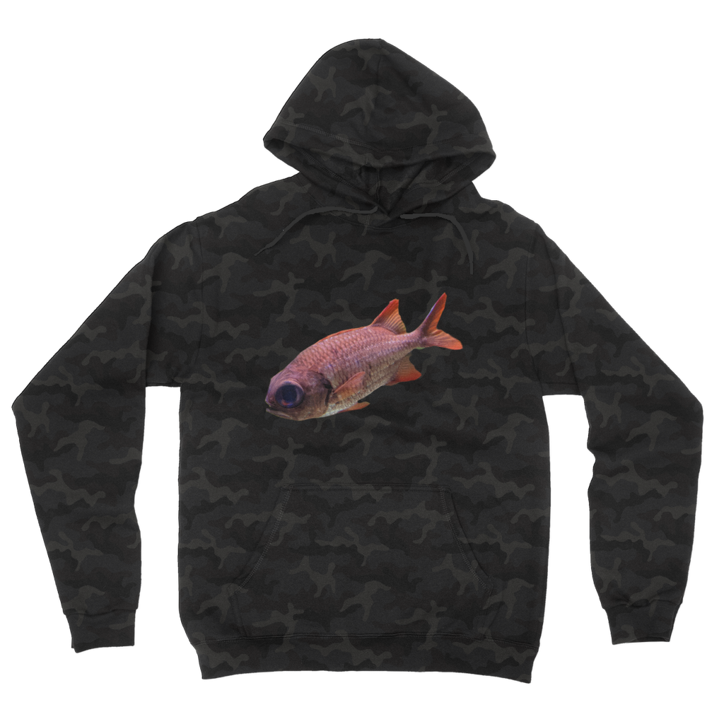 Colorful Fish Camouflage Adult Hoodie featuring vibrant camo design, kangaroo pocket, and double fabric hood.