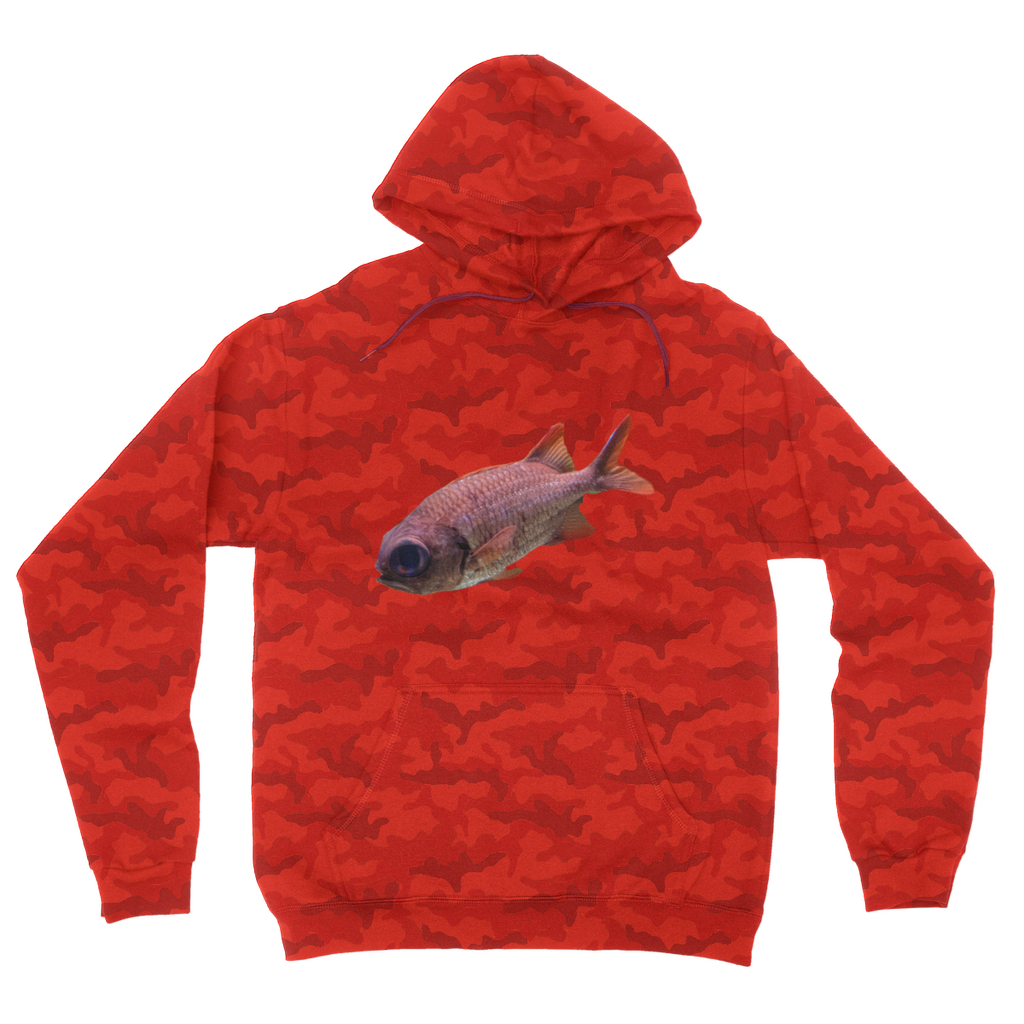 Colorful Fish Camouflage Adult Hoodie featuring vibrant camo design, kangaroo pocket, and double fabric hood.