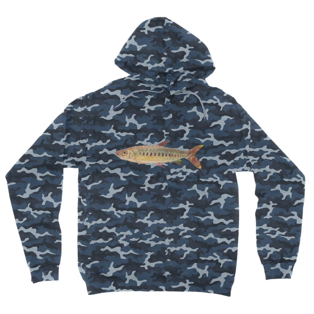 Colorful Fish Camouflage Adult Hoodie featuring vibrant camo design, double fabric hood, and kangaroo pouch pocket.