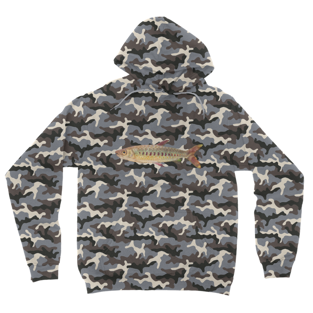 Colorful Fish Camouflage Adult Hoodie featuring vibrant camo design, double fabric hood, and kangaroo pouch pocket.