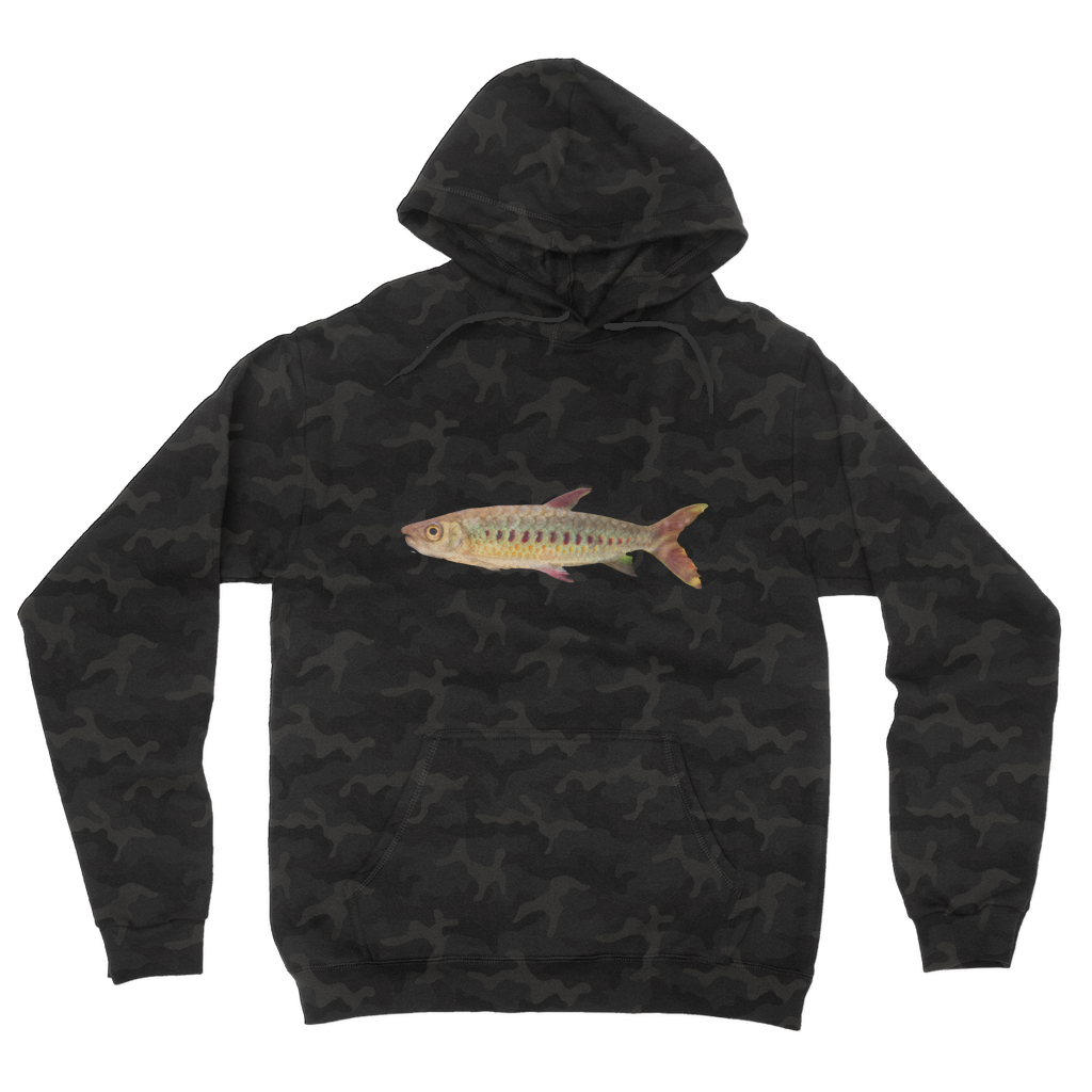 Colorful Fish Camouflage Adult Hoodie featuring vibrant camo design, double fabric hood, and kangaroo pouch pocket.