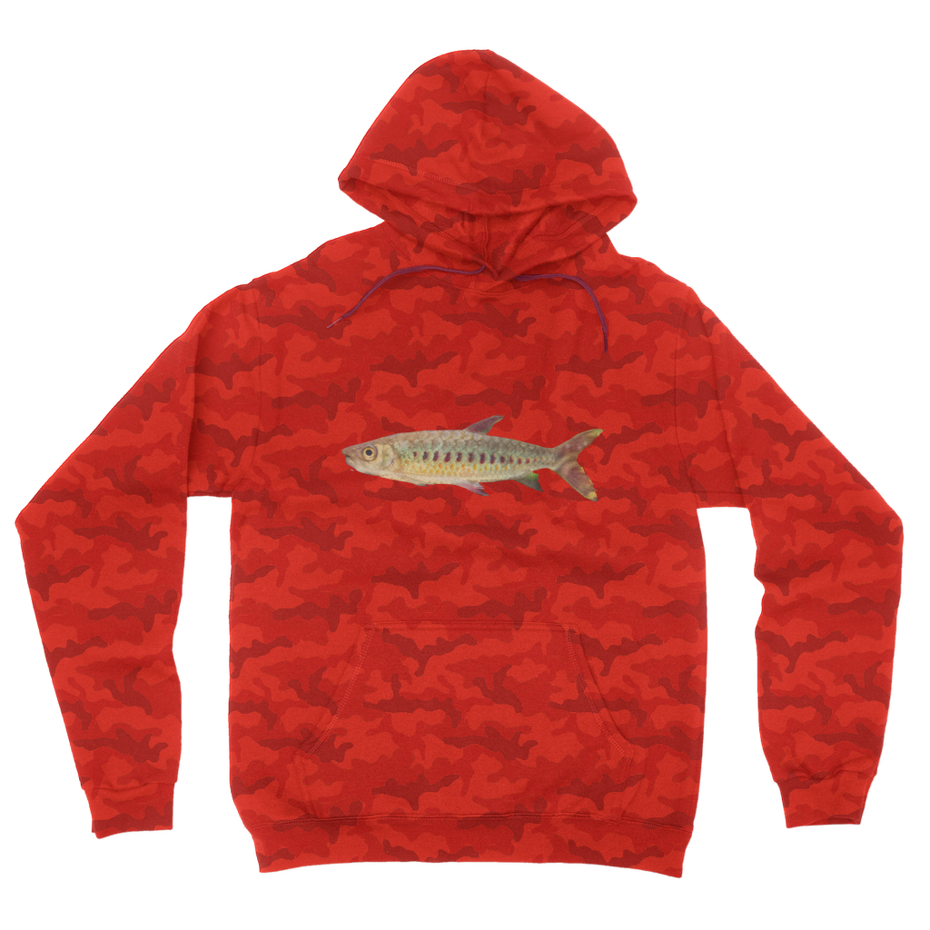 Colorful Fish Camouflage Adult Hoodie featuring vibrant camo design, double fabric hood, and kangaroo pouch pocket.