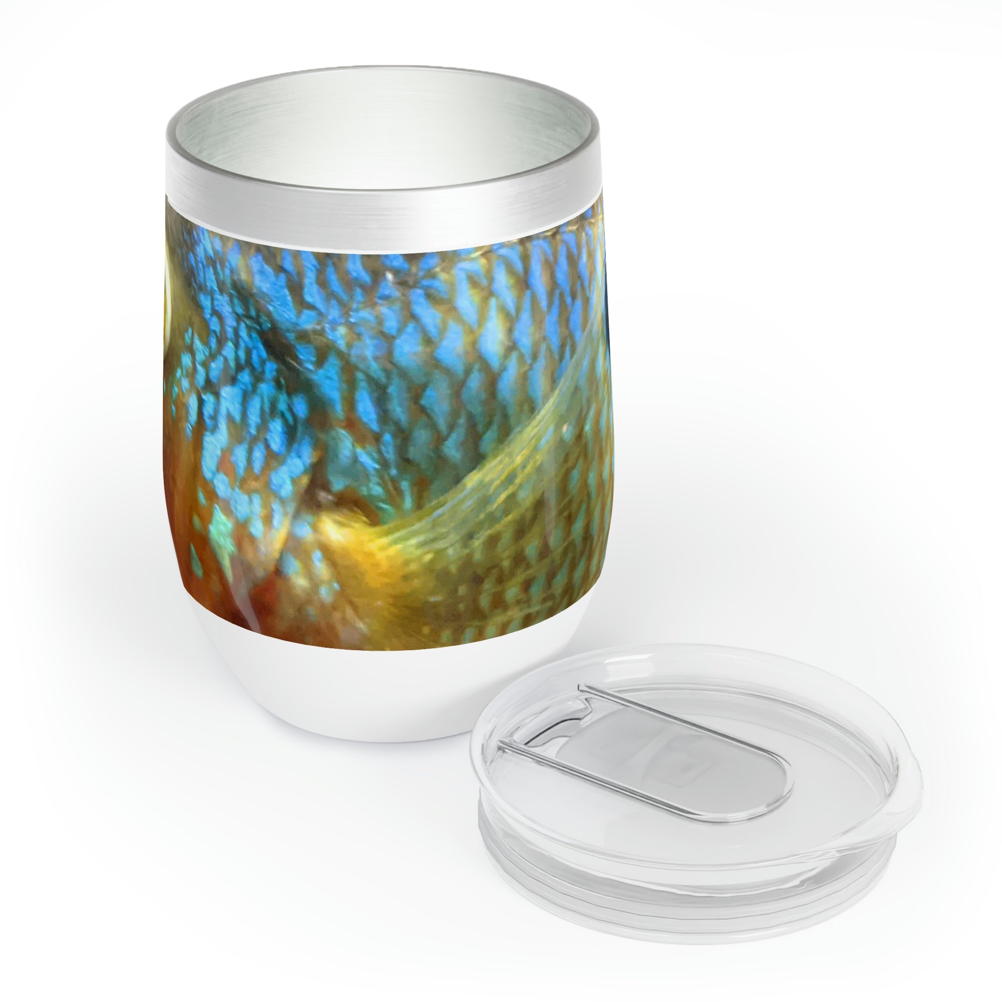 Colorful Fish Chill Wine Tumbler featuring vibrant fish designs and a stainless steel finish, perfect for wine lovers.