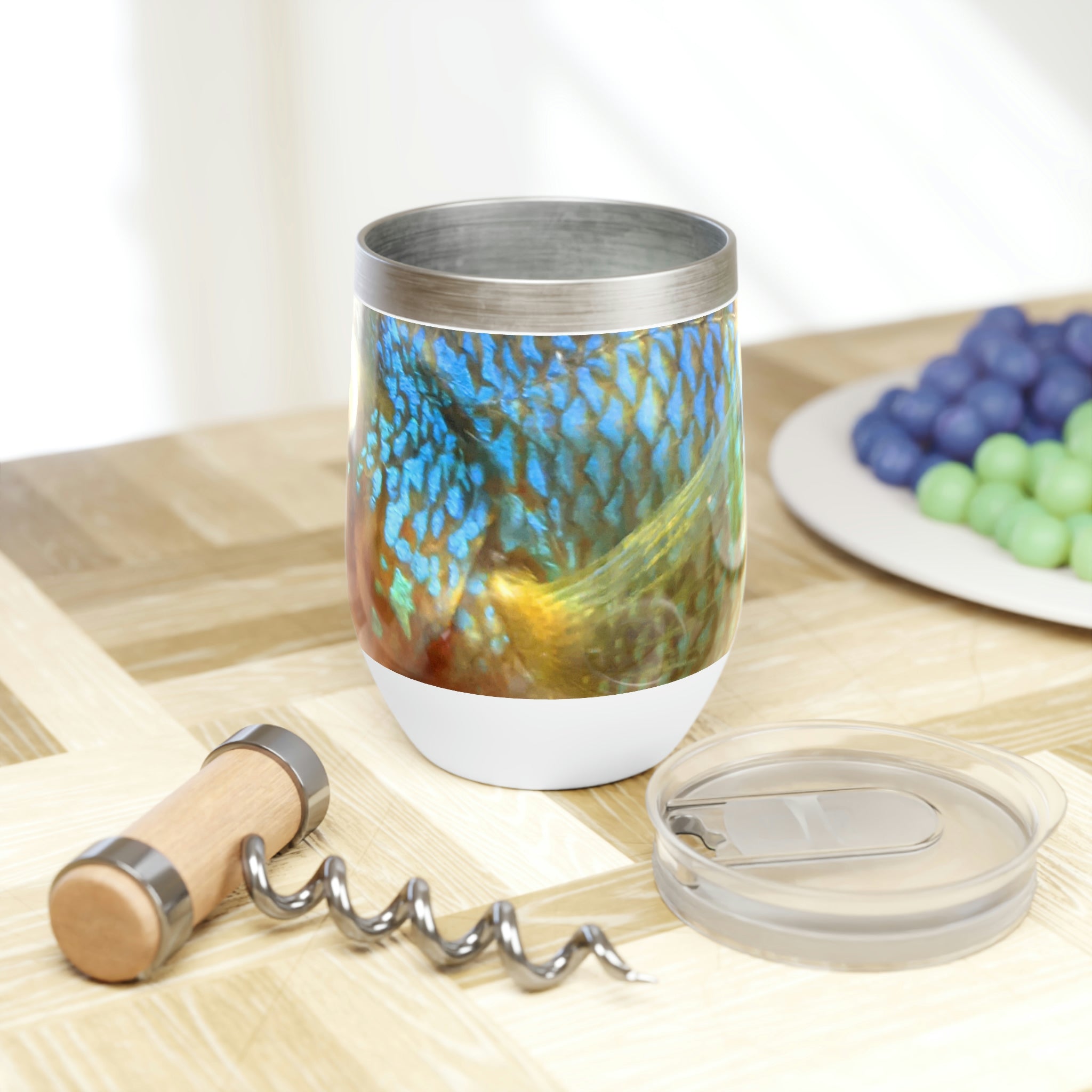 Colorful Fish Chill Wine Tumbler featuring vibrant fish designs and a stainless steel finish, perfect for wine lovers.