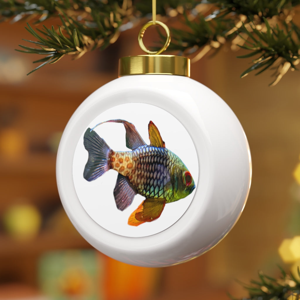 Colorful Fish Christmas Ball Ornament with glossy finish and gold ribbon, featuring a vintage design and customizable metal insert.