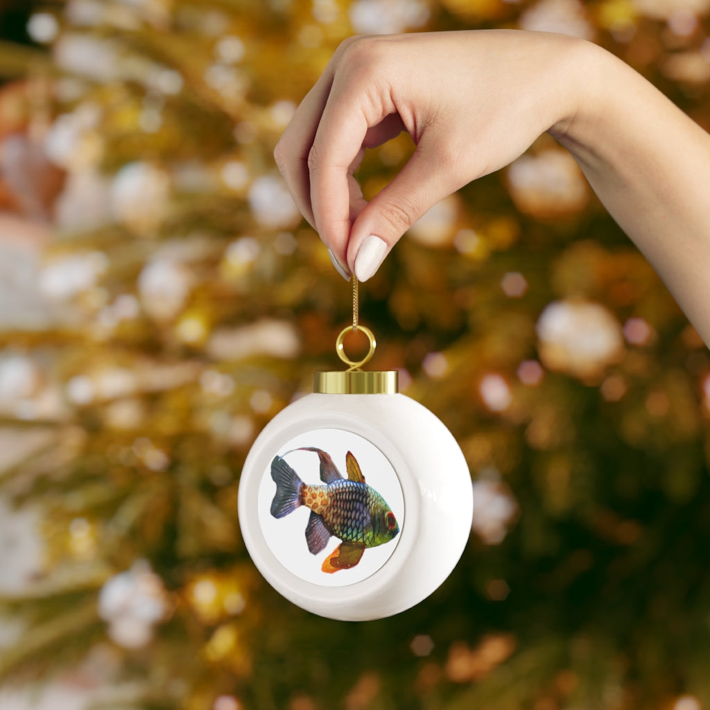 Colorful Fish Christmas Ball Ornament with glossy finish and gold ribbon, featuring a vintage design and customizable metal insert.