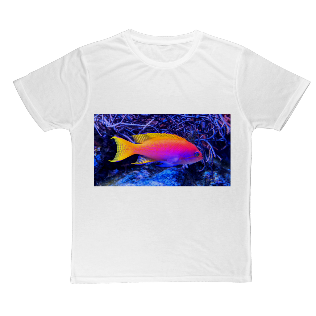 Colorful Fish Classic Sublimation Adult T-Shirt featuring a vibrant fish design on a soft polyester fabric.