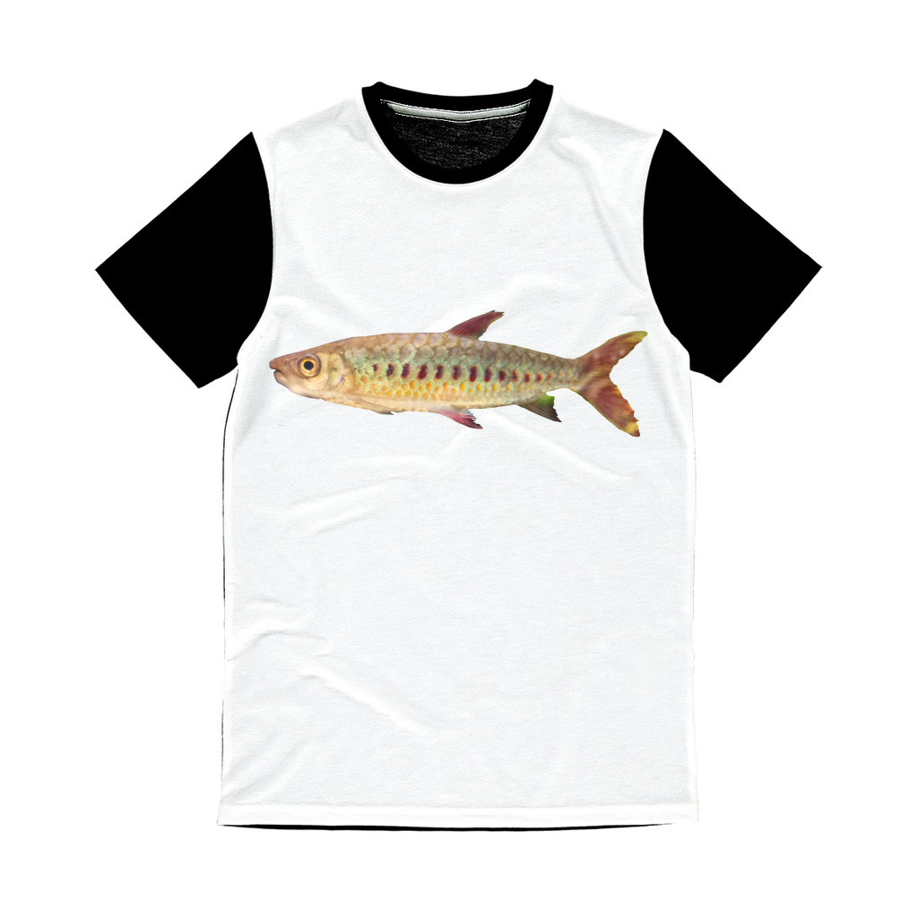 Colorful Fish Classic Sublimation Panel T-Shirt featuring vibrant front design and plain black back.