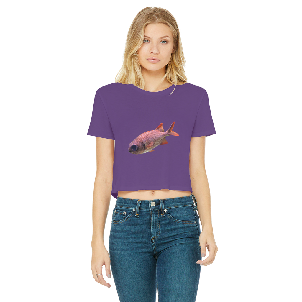 Colorful Fish Classic Women's Cropped Raw Edge T-Shirt featuring a round neck and short sleeves, showcasing vibrant colors and a stylish raw edge hem.