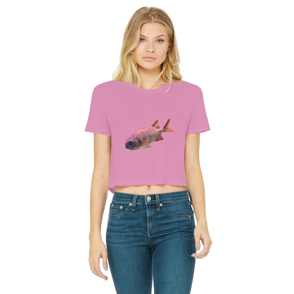 Colorful Fish Classic Women's Cropped Raw Edge T-Shirt featuring a round neck and short sleeves, showcasing vibrant colors and a stylish raw edge hem.