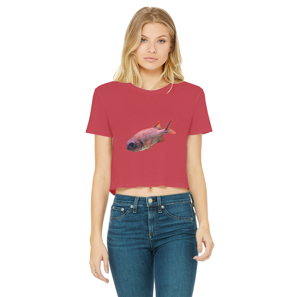 Colorful Fish Classic Women's Cropped Raw Edge T-Shirt featuring a round neck and short sleeves, showcasing vibrant colors and a stylish raw edge hem.