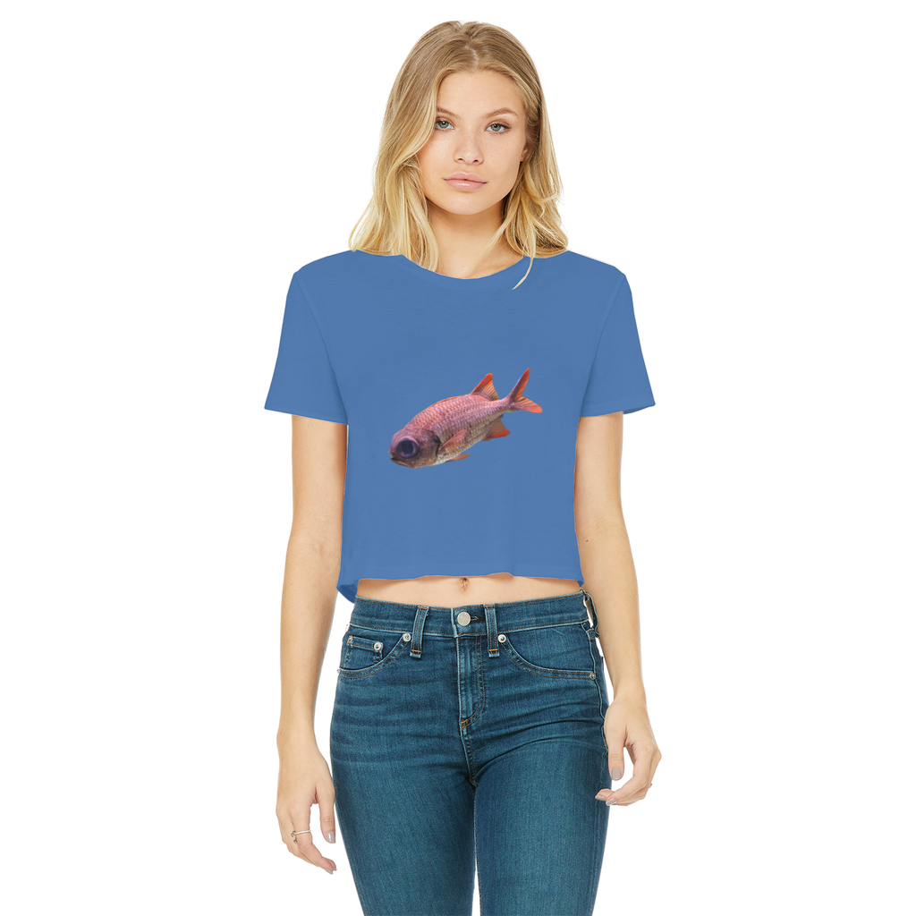 Colorful Fish Classic Women's Cropped Raw Edge T-Shirt featuring a round neck and short sleeves, showcasing vibrant colors and a stylish raw edge hem.