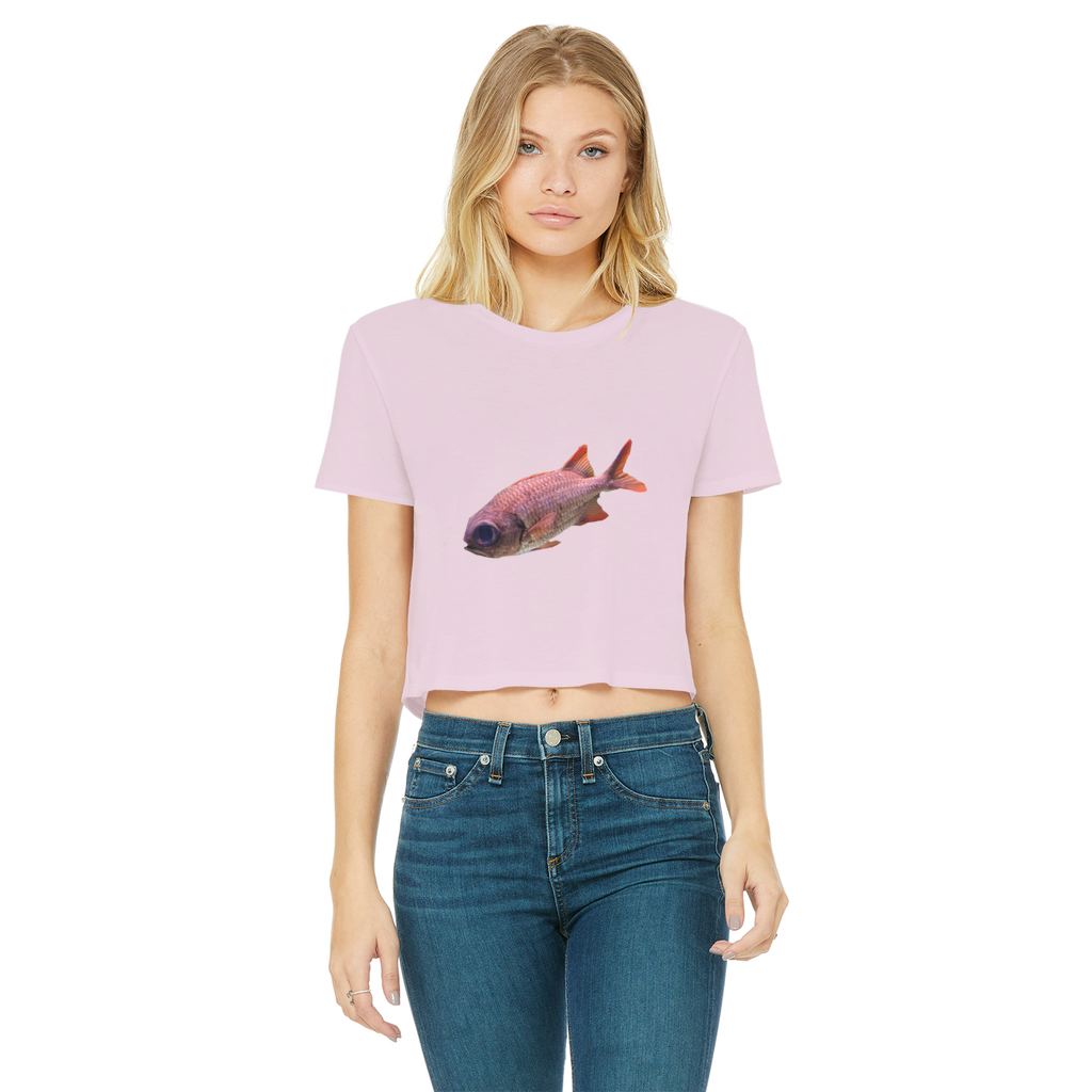 Colorful Fish Classic Women's Cropped Raw Edge T-Shirt featuring a round neck and short sleeves, showcasing vibrant colors and a stylish raw edge hem.