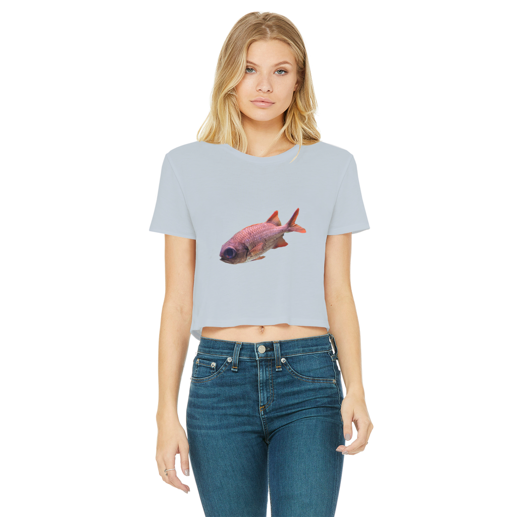 Colorful Fish Classic Women's Cropped Raw Edge T-Shirt featuring a round neck and short sleeves, showcasing vibrant colors and a stylish raw edge hem.