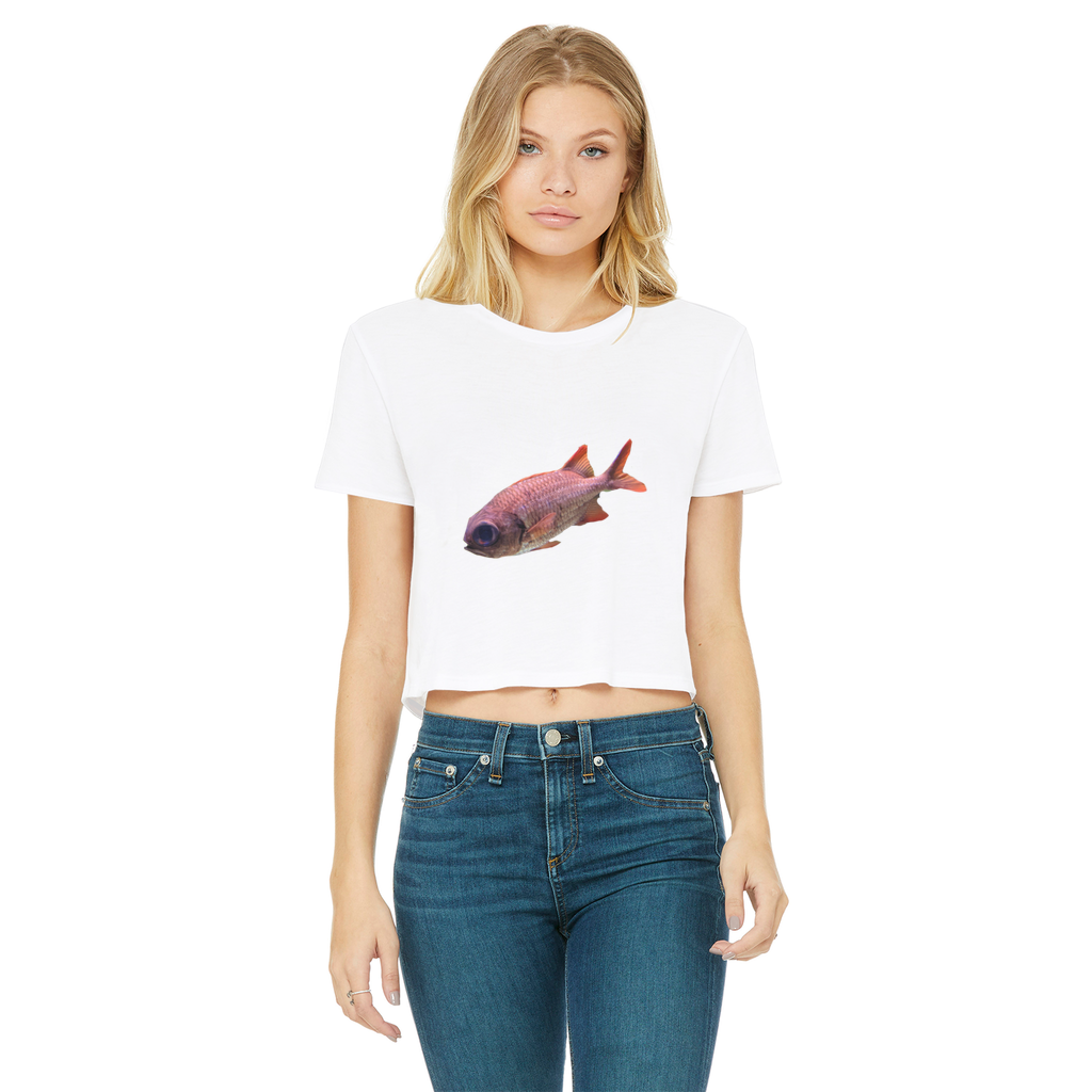 Colorful Fish Classic Women's Cropped Raw Edge T-Shirt featuring a round neck and short sleeves, showcasing vibrant colors and a stylish raw edge hem.