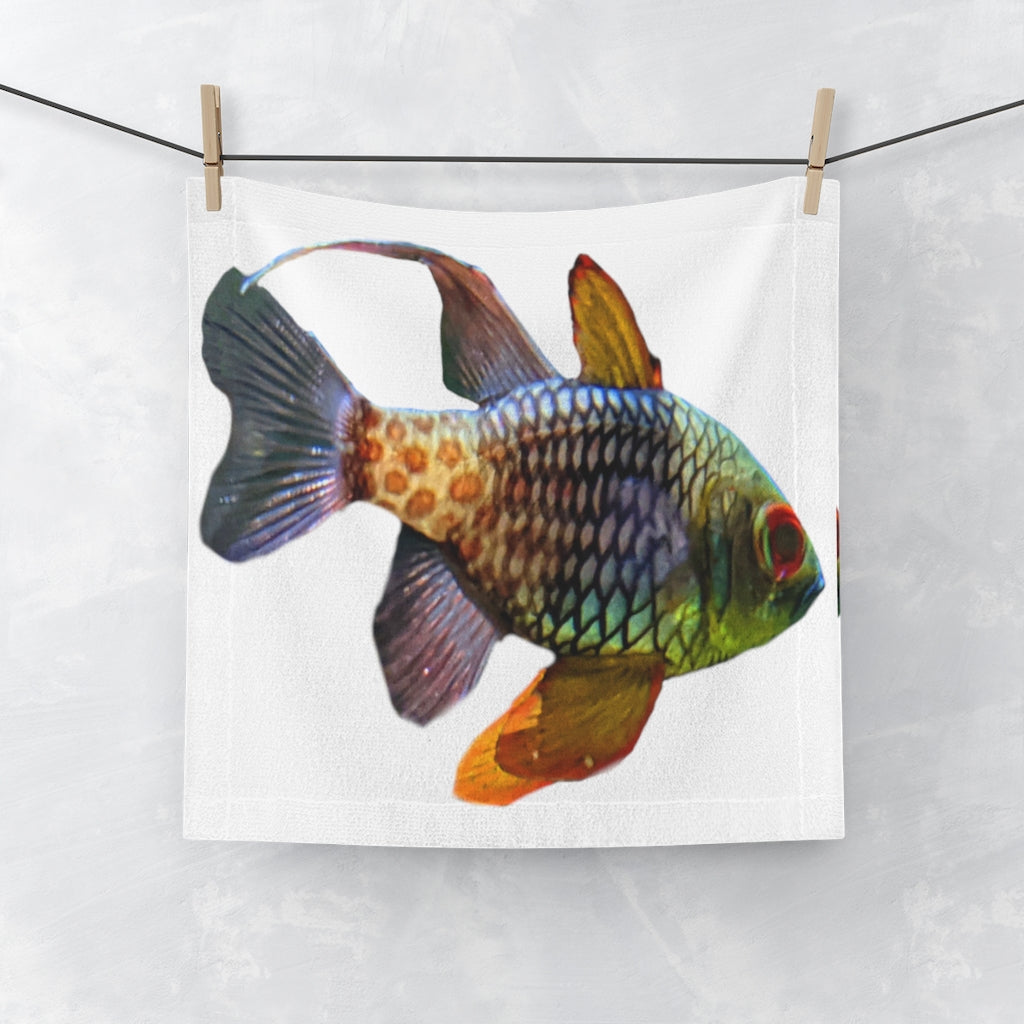 Colorful Fish Face Towel featuring a vibrant fish design on a polyester front and soft cotton back, perfect for bathroom use.