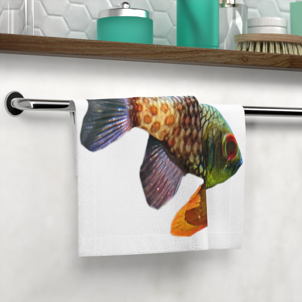 Colorful Fish Face Towel featuring a vibrant fish design on a polyester front and soft cotton back, perfect for bathroom use.