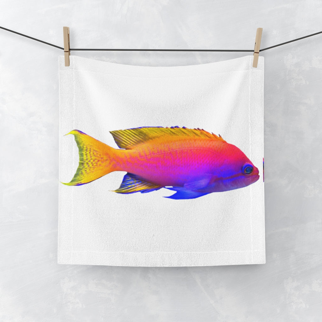 A vibrant Colorful Fish Face Towel featuring a unique fish design on a polyester front and soft cotton back, perfect for bathroom use.