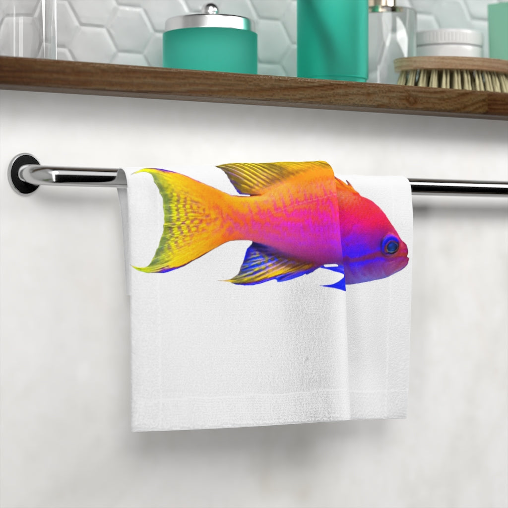 A vibrant Colorful Fish Face Towel featuring a unique fish design on a polyester front and soft cotton back, perfect for bathroom use.