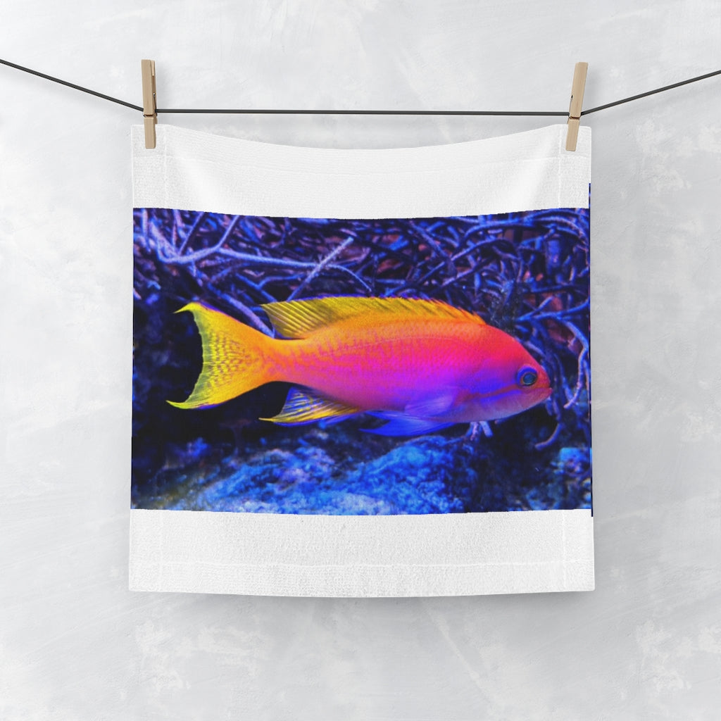 Colorful Fish Face Towel featuring a vibrant fish design on a soft polyester front and absorbent cotton back.