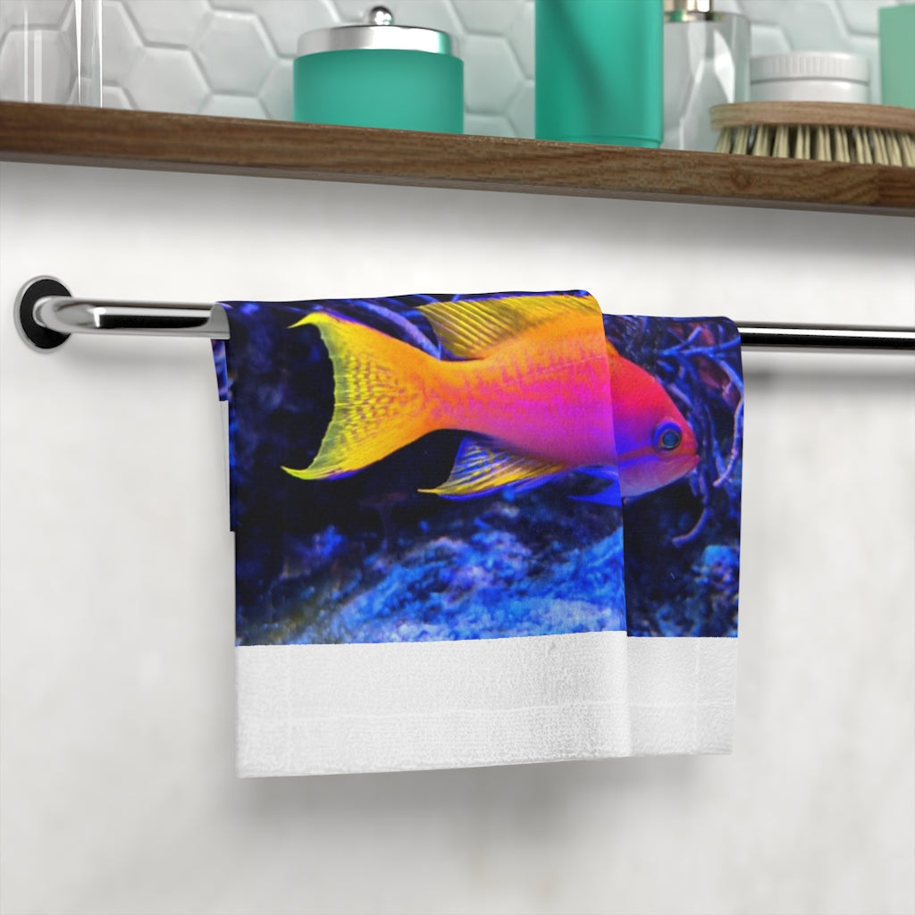 Colorful Fish Face Towel featuring a vibrant fish design on a soft polyester front and absorbent cotton back.