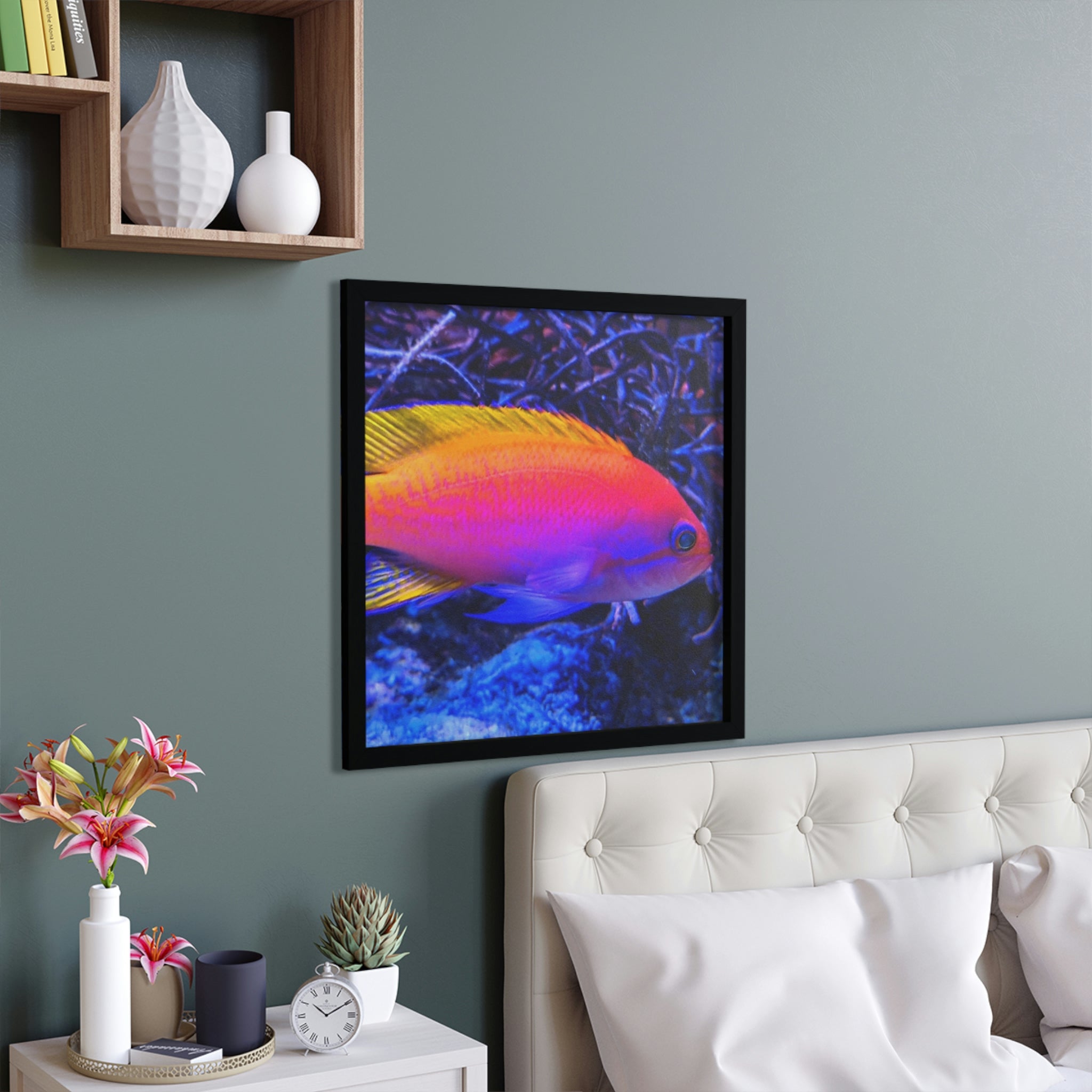 A vibrant Colorful Fish Framed Poster featuring a hand-crafted wooden frame, showcasing various colorful fish designs.