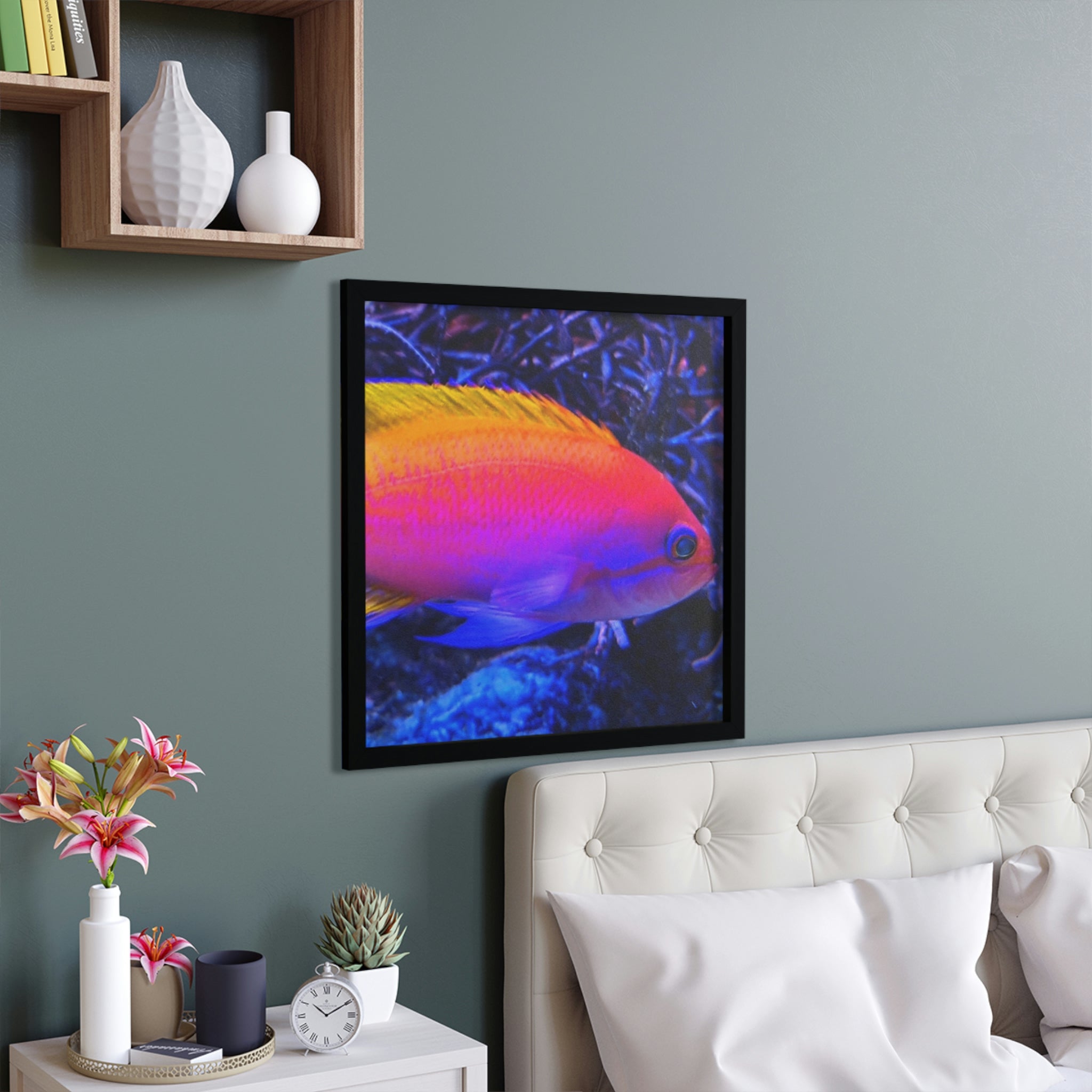 A vibrant Colorful Fish Framed Poster featuring a hand-crafted wooden frame, showcasing a lively underwater scene.