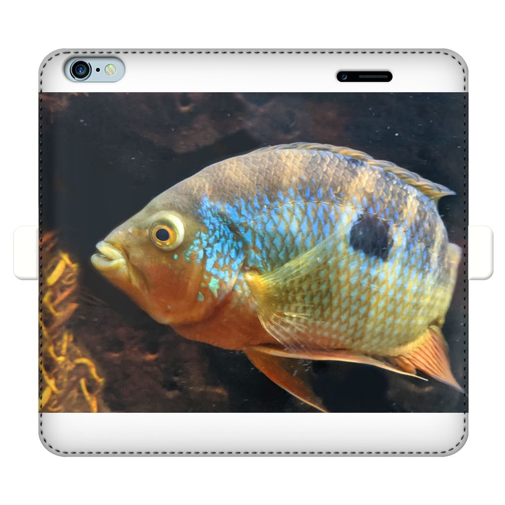 Colorful Fish Fully Printed Wallet Case featuring vibrant fish designs on a white faux leather exterior, designed for iPhone and Samsung S-series.