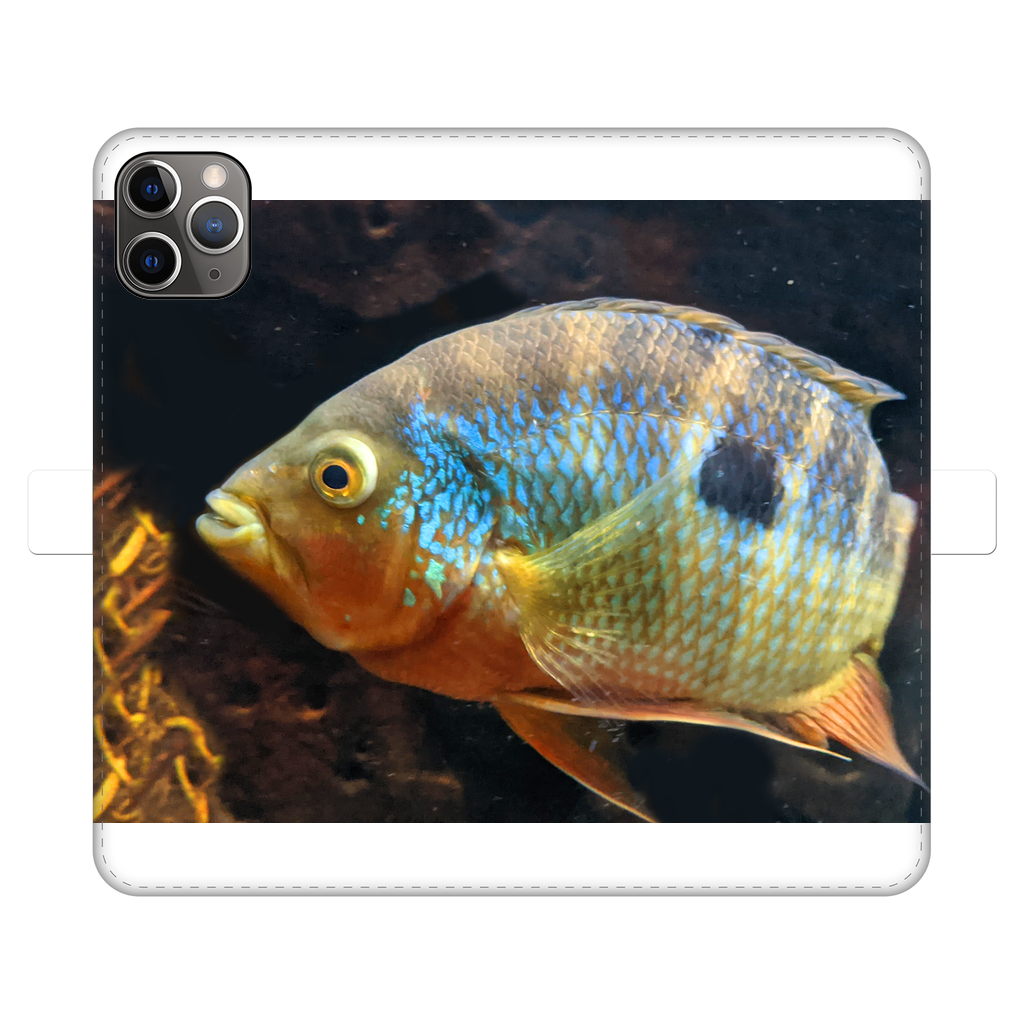 Colorful Fish Fully Printed Wallet Case featuring vibrant fish designs on a white faux leather exterior, designed for iPhone and Samsung S-series.